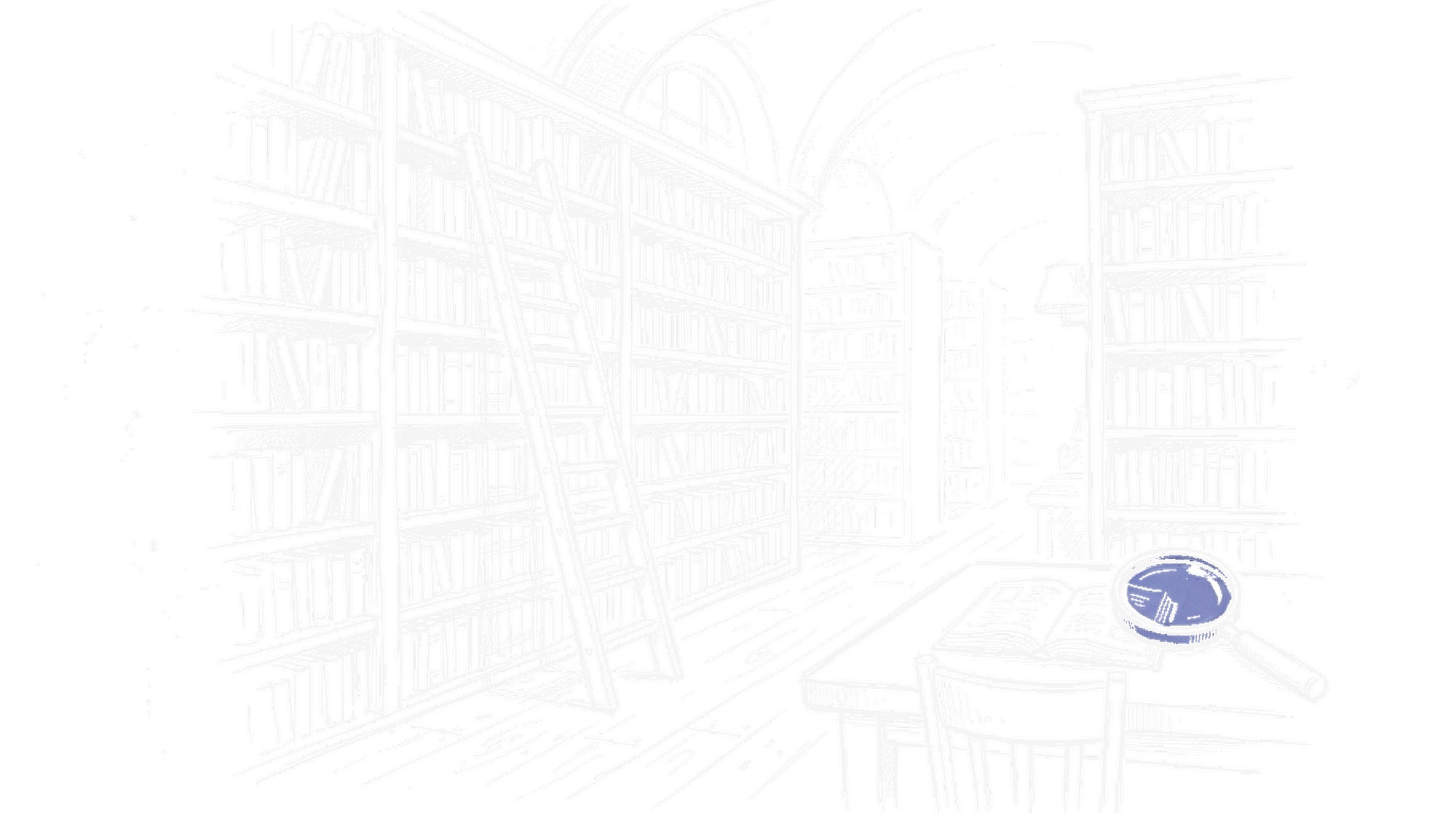 Illustration einer Bibliothek mit Bücherregalen, Leiter und Lupe auf Lesetisch, kinewsletter.ch Stil