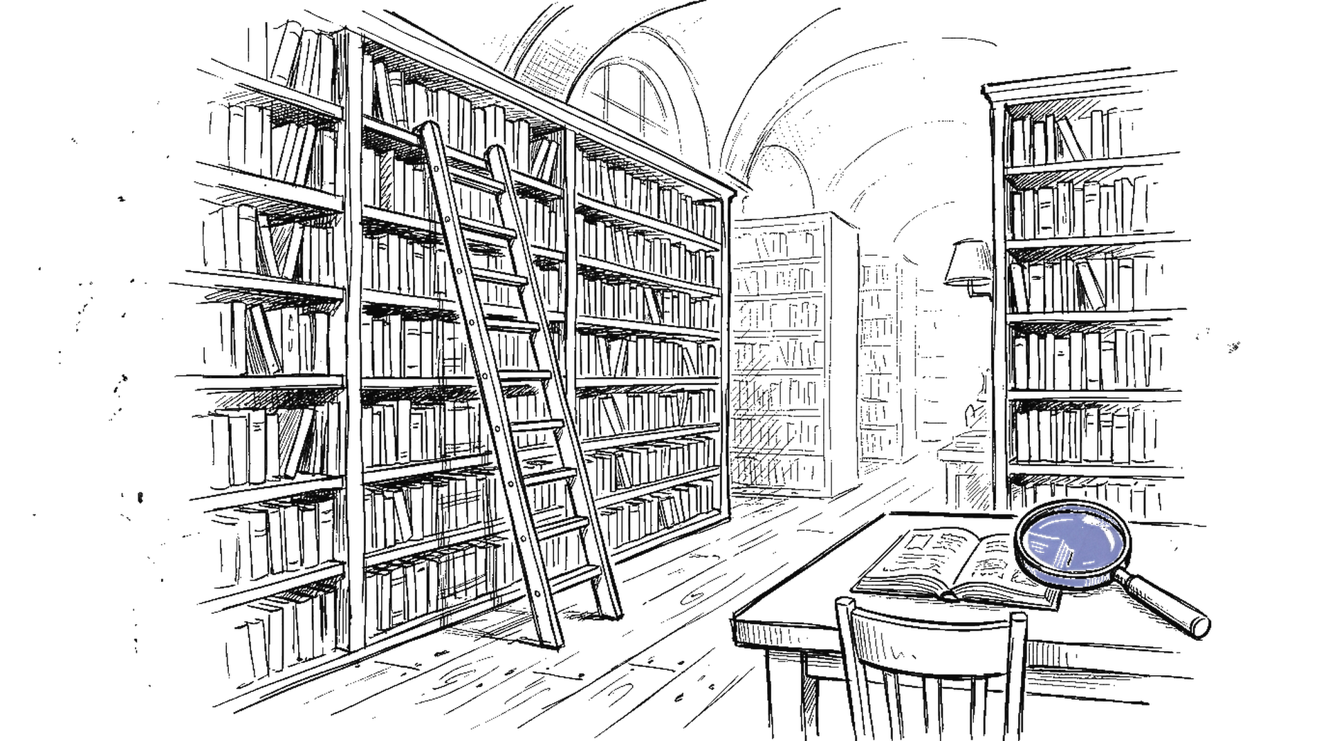 Illustration einer Bibliothek mit Bücherregalen, Leiter und Lupe auf Lesetisch, kinewsletter.ch Stil