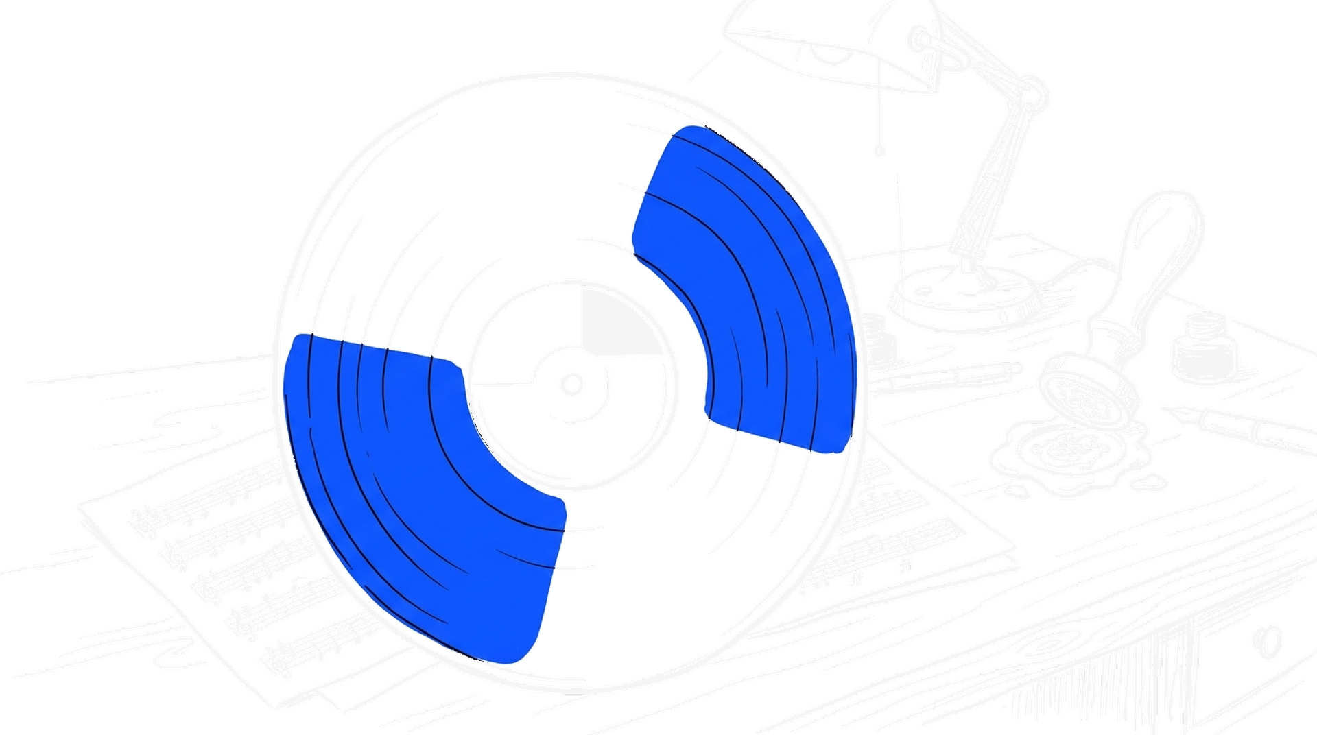 Illustration einer Schallplatte mit einem elektroblauen Siegelstempel in Wachs auf Notenblättern, kinewsletter.ch Stil