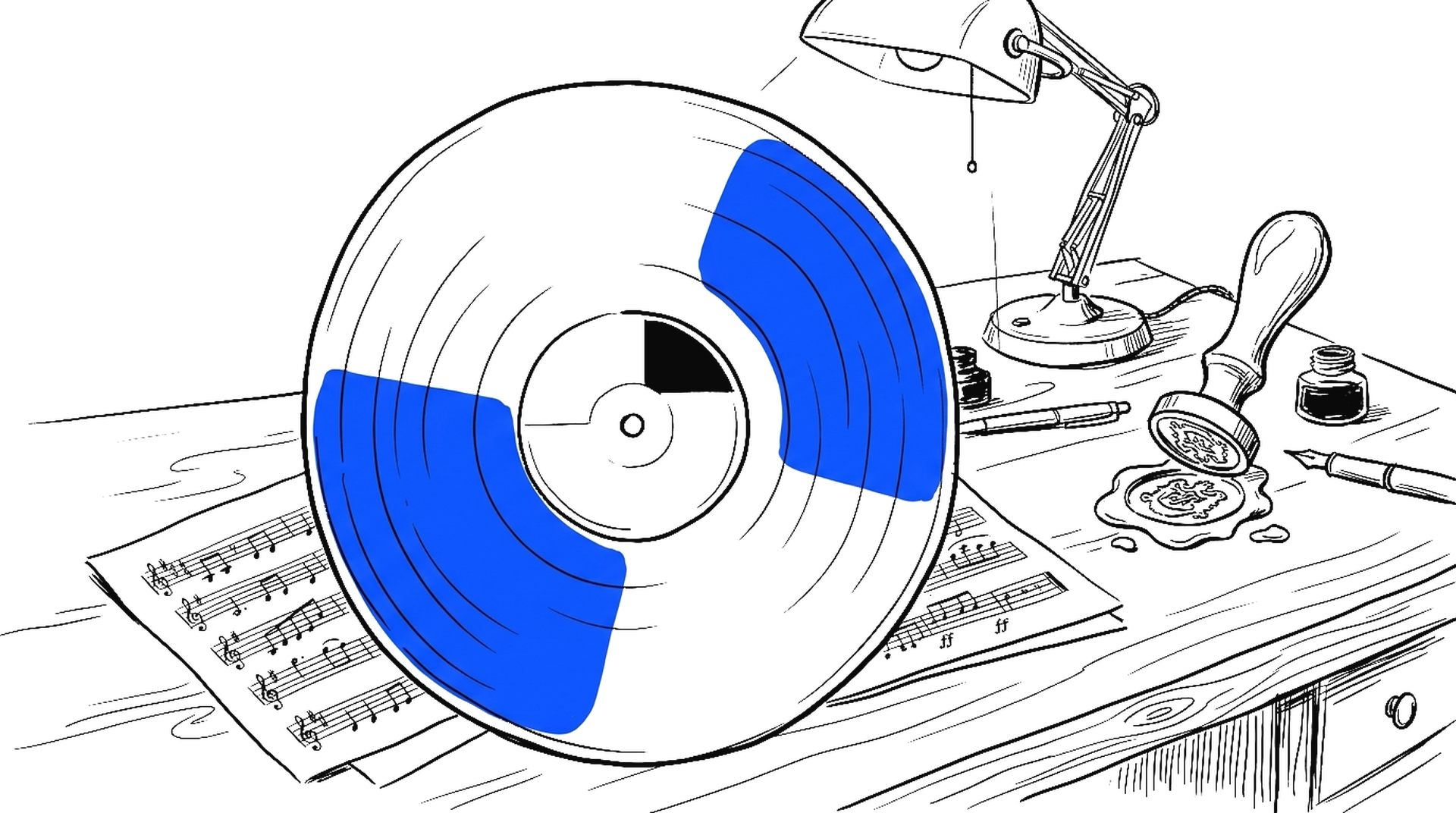 Illustration einer Schallplatte mit einem elektroblauen Siegelstempel in Wachs auf Notenblättern, kinewsletter.ch Stil