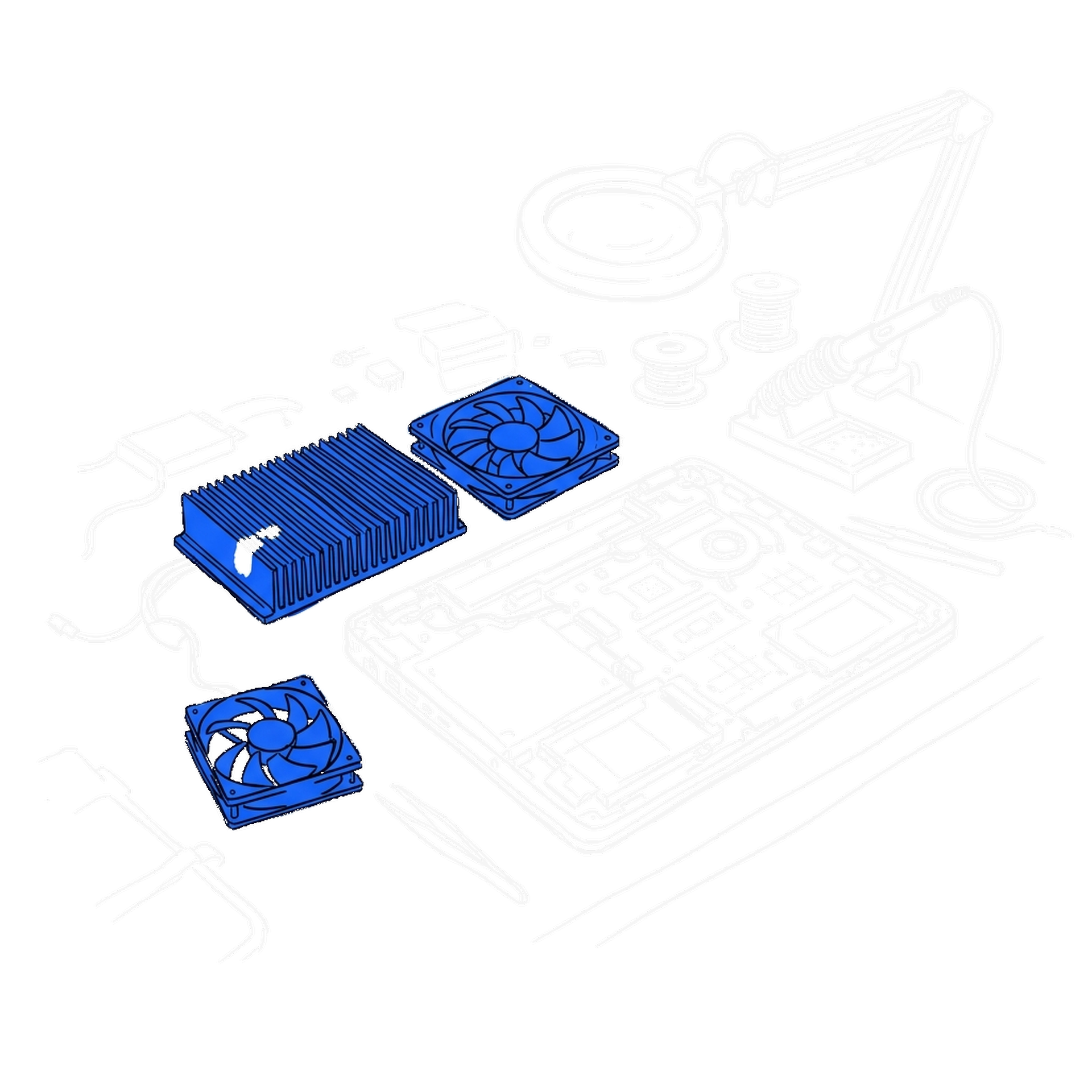 Handgezeichnete Skizze einer Elektronik-Werkbank mit geöffnetem Laptop, blauem Kühlkörper und Lüftern, daneben Lupenlampe, Pinzette und Lötkolben
