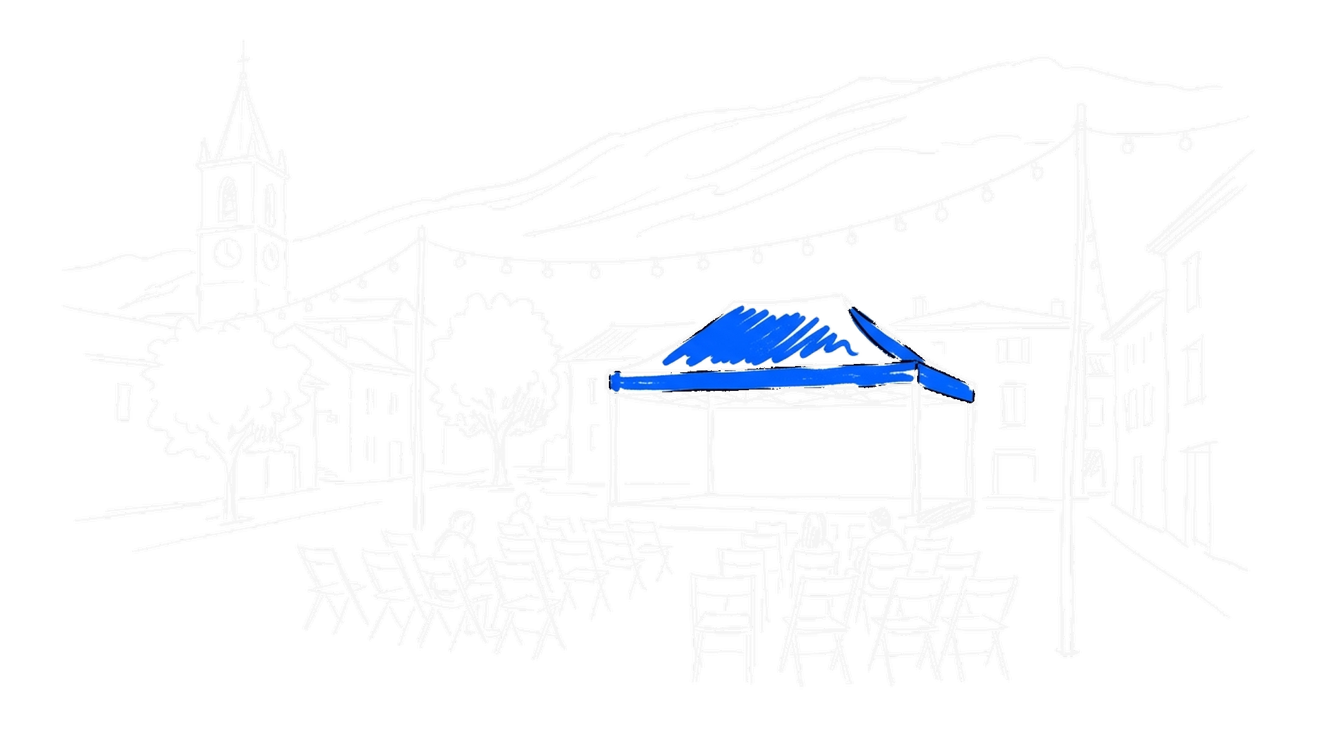 Illustration eines Dorfplatzes mit blauem Eventzelt, Stuhlreihen, Lichterkette, Kirchturm und Bergkette, kinewsletter.ch Stil