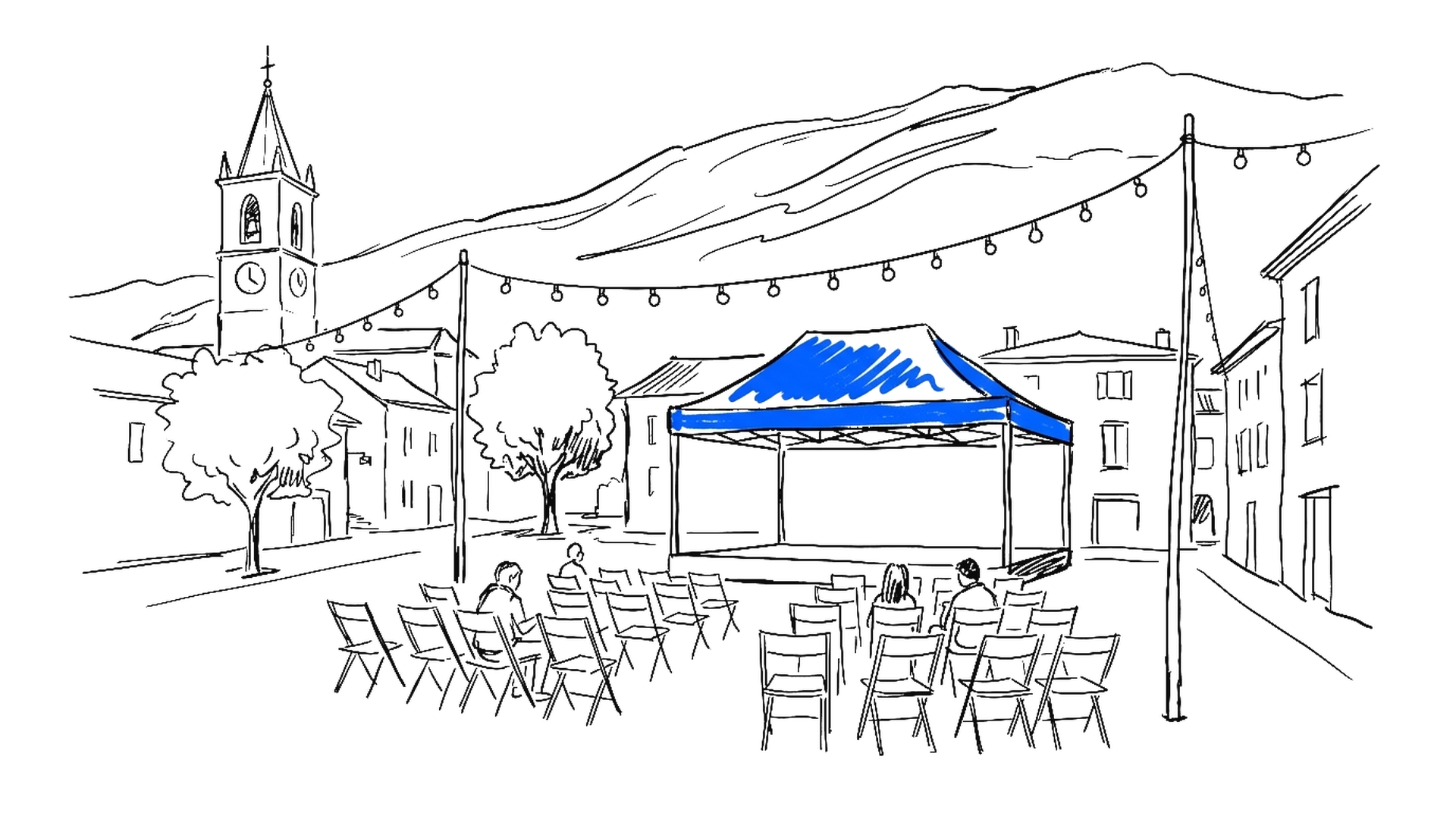 Illustration eines Dorfplatzes mit blauem Eventzelt, Stuhlreihen, Lichterkette, Kirchturm und Bergkette, kinewsletter.ch Stil