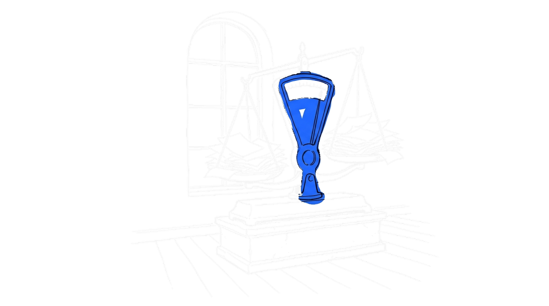 Illustration einer Waage mit Papierstapeln auf beiden Schalen vor einem Rundbogenfenster, kinewsletter.ch Stil (Dark Mode)