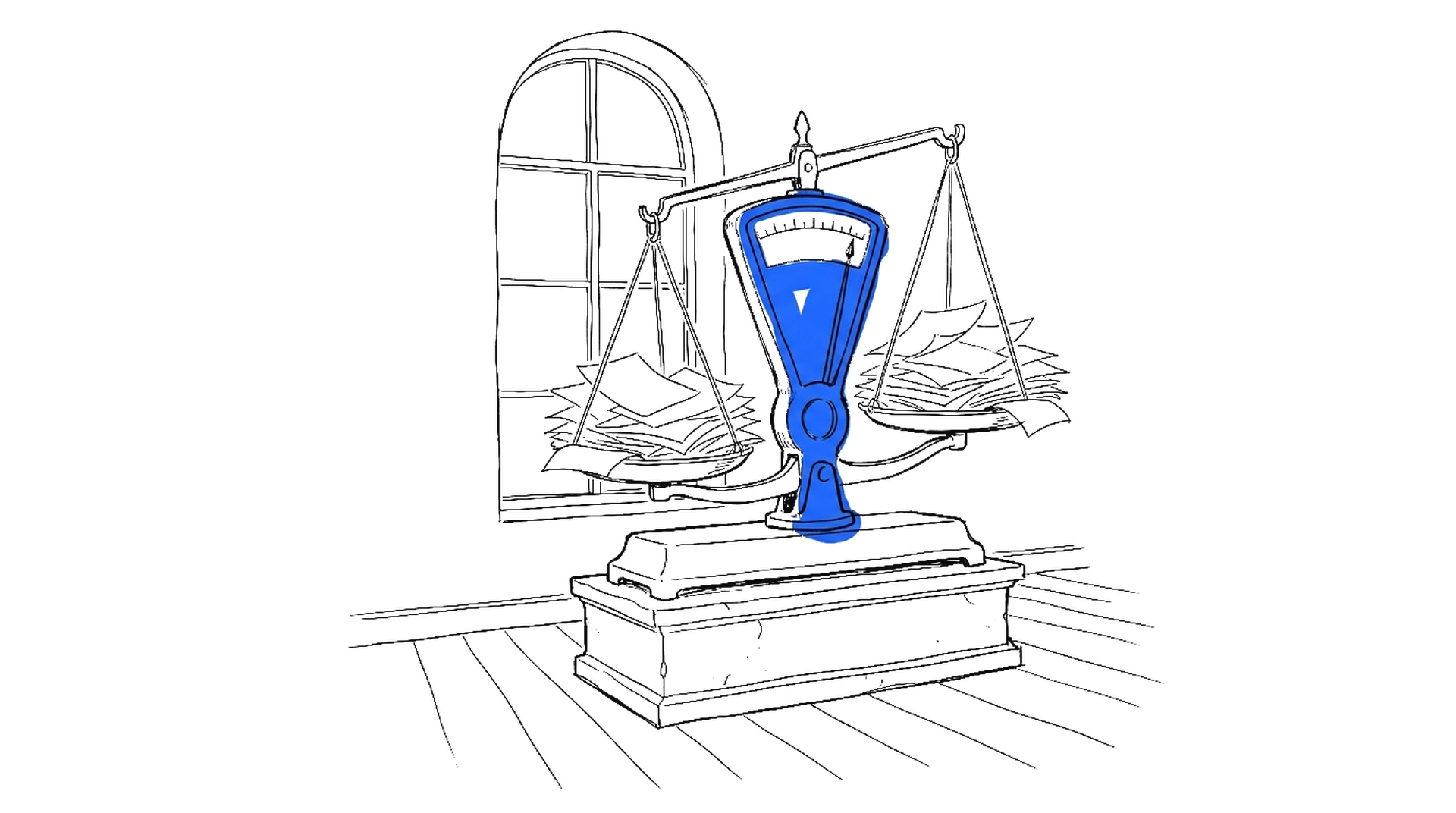 Illustration einer Waage mit Papierstapeln auf beiden Schalen vor einem Rundbogenfenster, kinewsletter.ch Stil