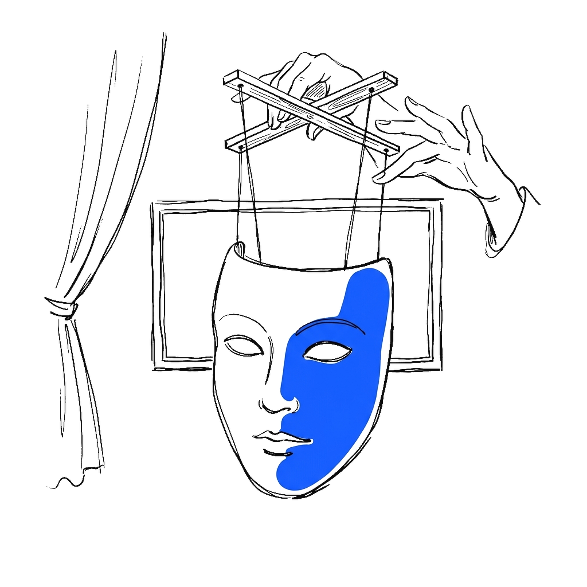 Tuschezeichnung einer Marionettenbühne: Hinter einem leeren Bildschirmrahmen halten zwei Hände ein Spielkreuz, an dessen Fäden eine Maske hängt; die Maske ist leuchtend blau.
