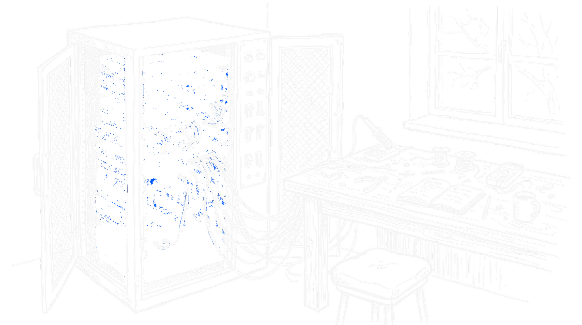 Illustration offener Serverschrank, kinewsletter.ch Stil Dark