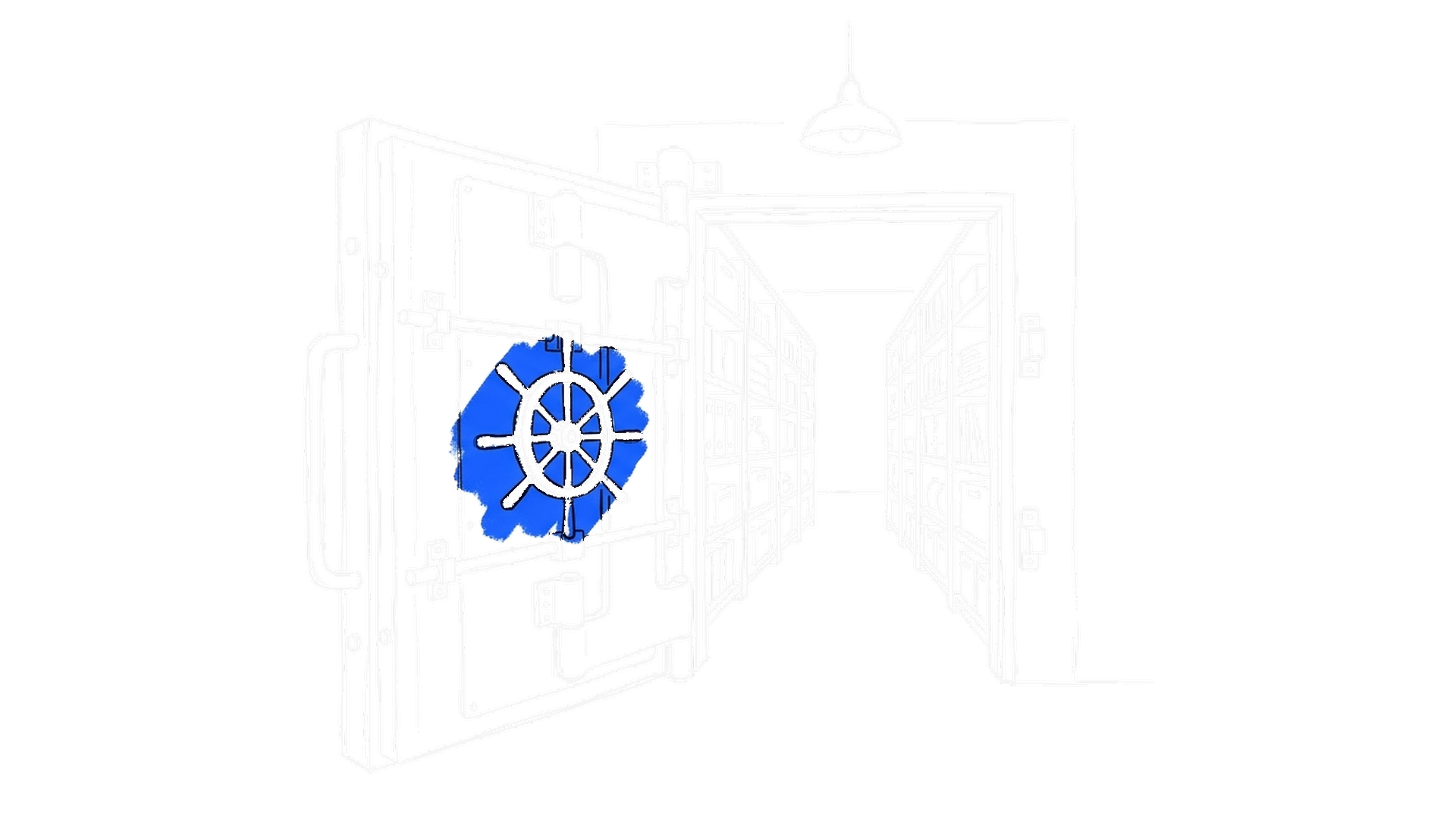 Illustration einer offenen Tresortür mit Speichenrad vor hohen Archivregalen, kinewsletter.ch Stil