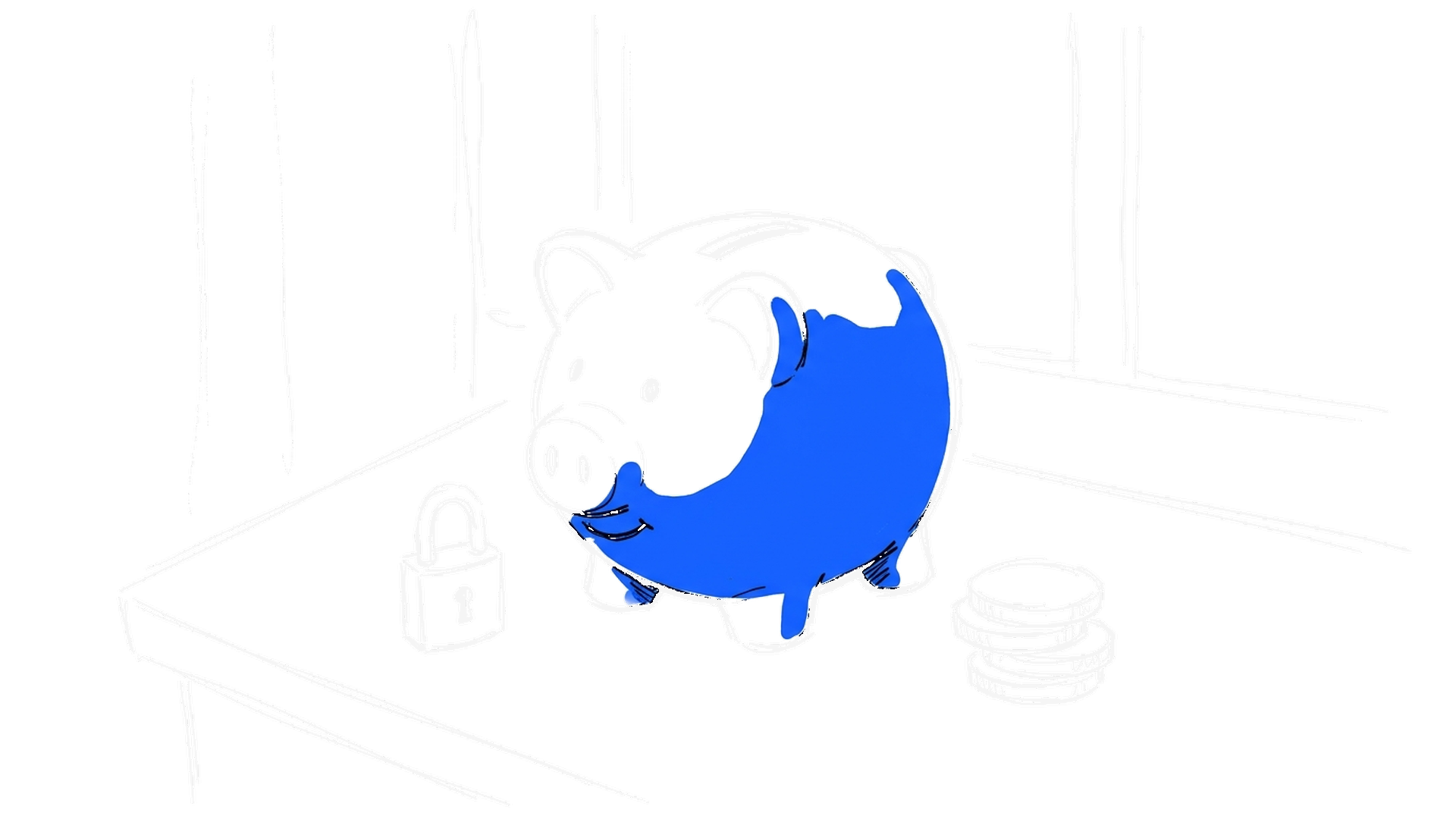 Illustration eines Sparschweins mit Vorhängeschloss und Münzstapel, kinewsletter.ch Stil