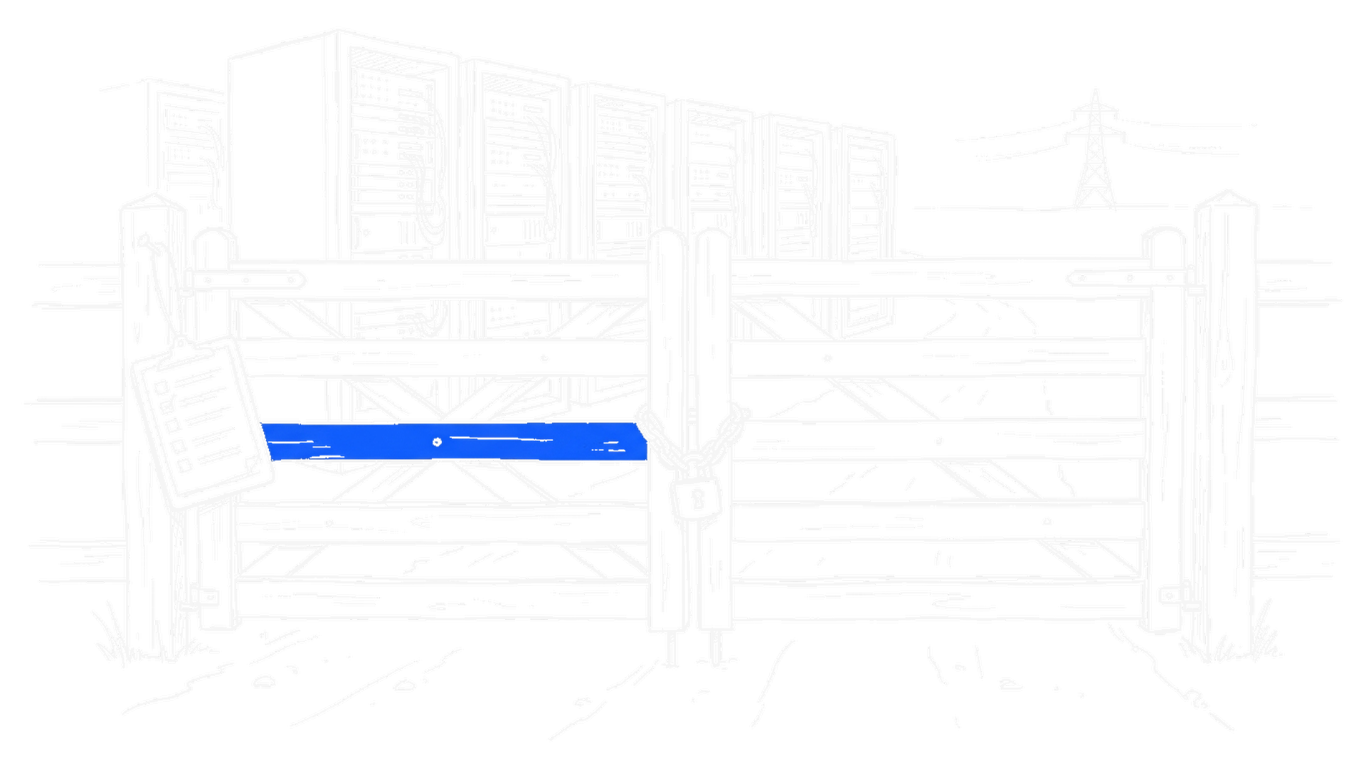 Illustration eines mit Kette und Vorhängeschloss verschlossenen Gatters vor Serverschränken, daneben eine Prüf-Checkliste, kinewsletter.ch Stil