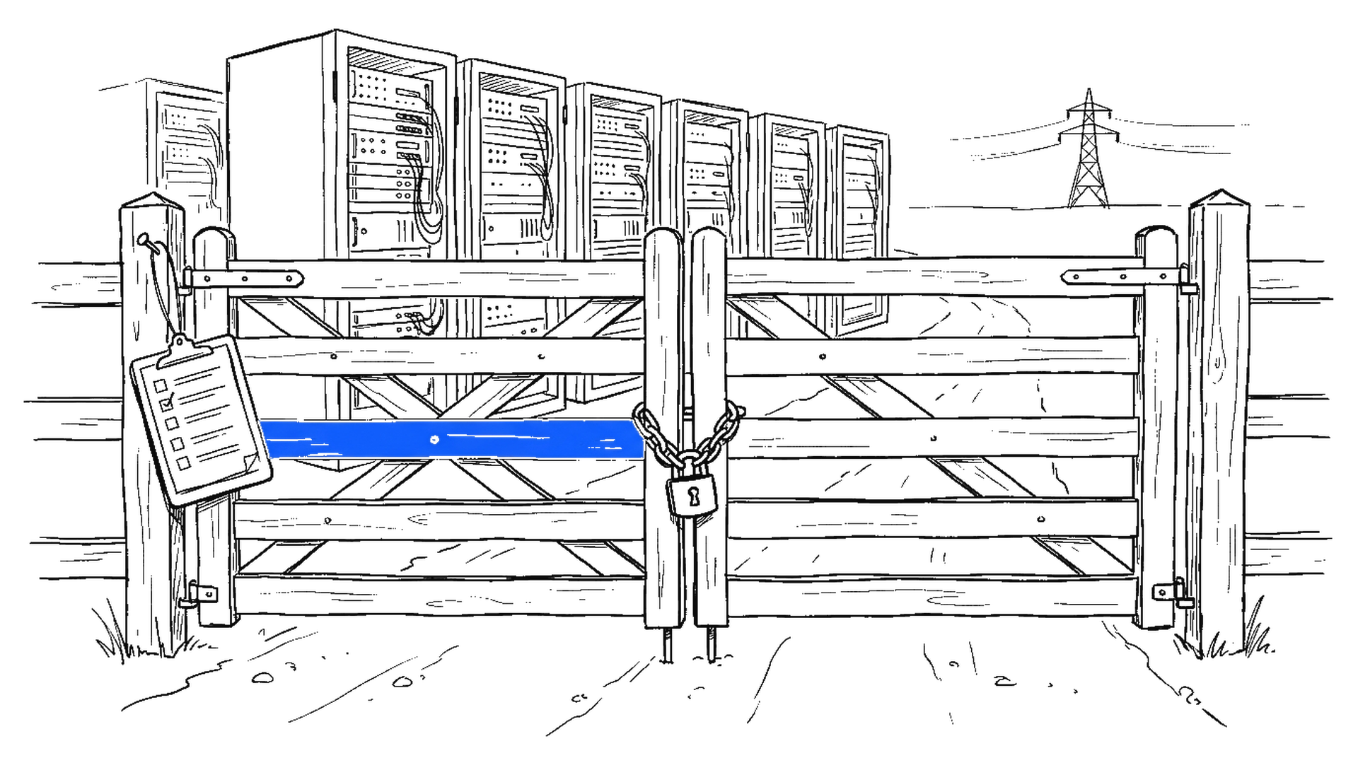 Illustration eines mit Kette und Vorhängeschloss verschlossenen Gatters vor Serverschränken, daneben eine Prüf-Checkliste, kinewsletter.ch Stil