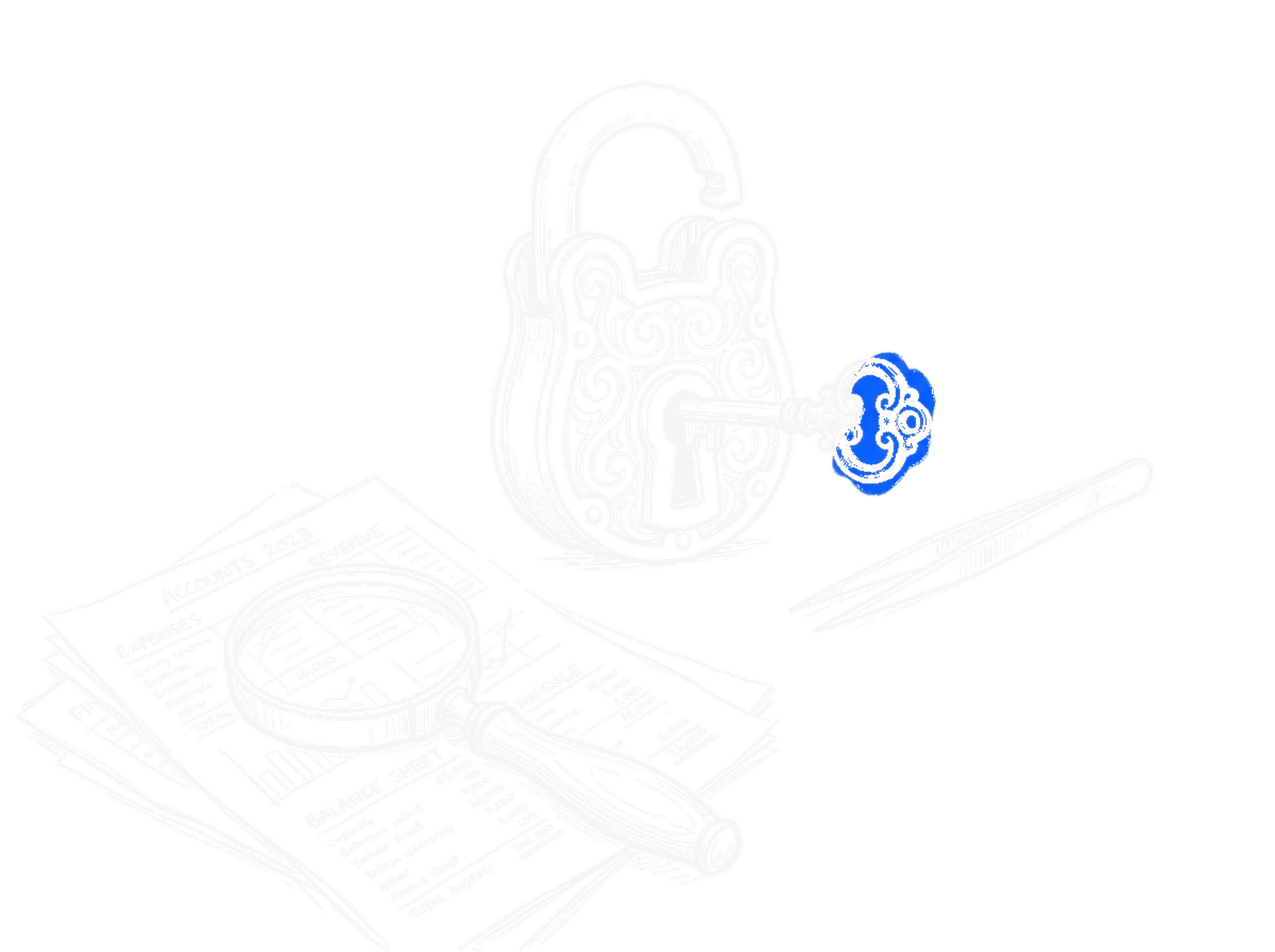 Illustration eines kleinen Schlüssels, der ein grosses Schloss öffnet, mit Lupe auf Finanzdokumenten, kinewsletter.ch Stil