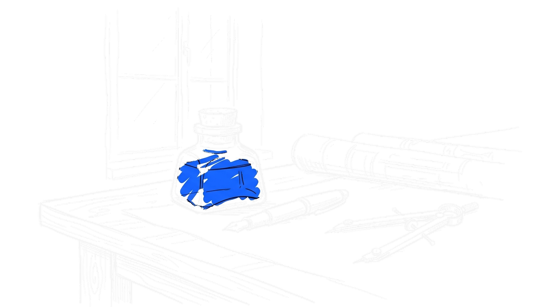 Illustration eines Tintenfasses mit Füllfederhalter, Bauplänen und Zirkel auf einem Zeichentisch, kinewsletter.ch Stil