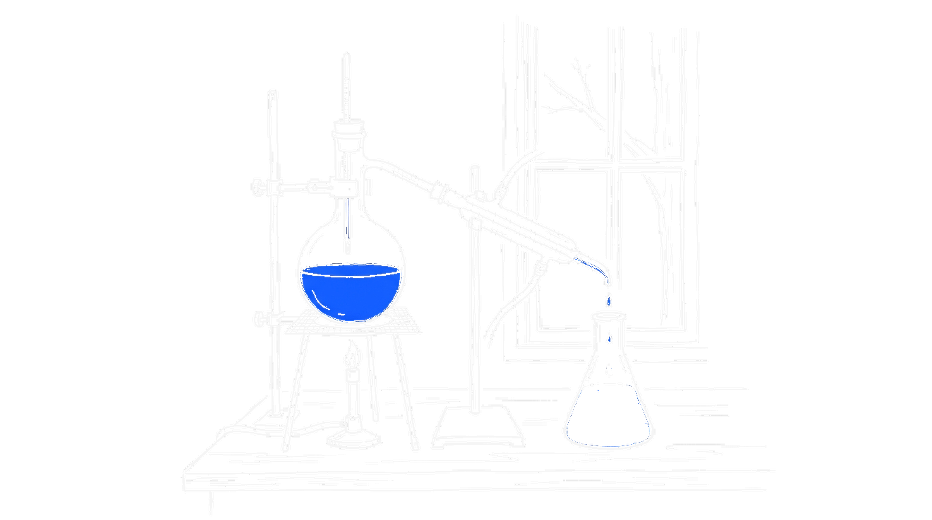 Illustration einer Destillationsapparatur, die leuchtend blaue Flüssigkeit in einen kleinen Kolben tropft, kinewsletter.ch Stil