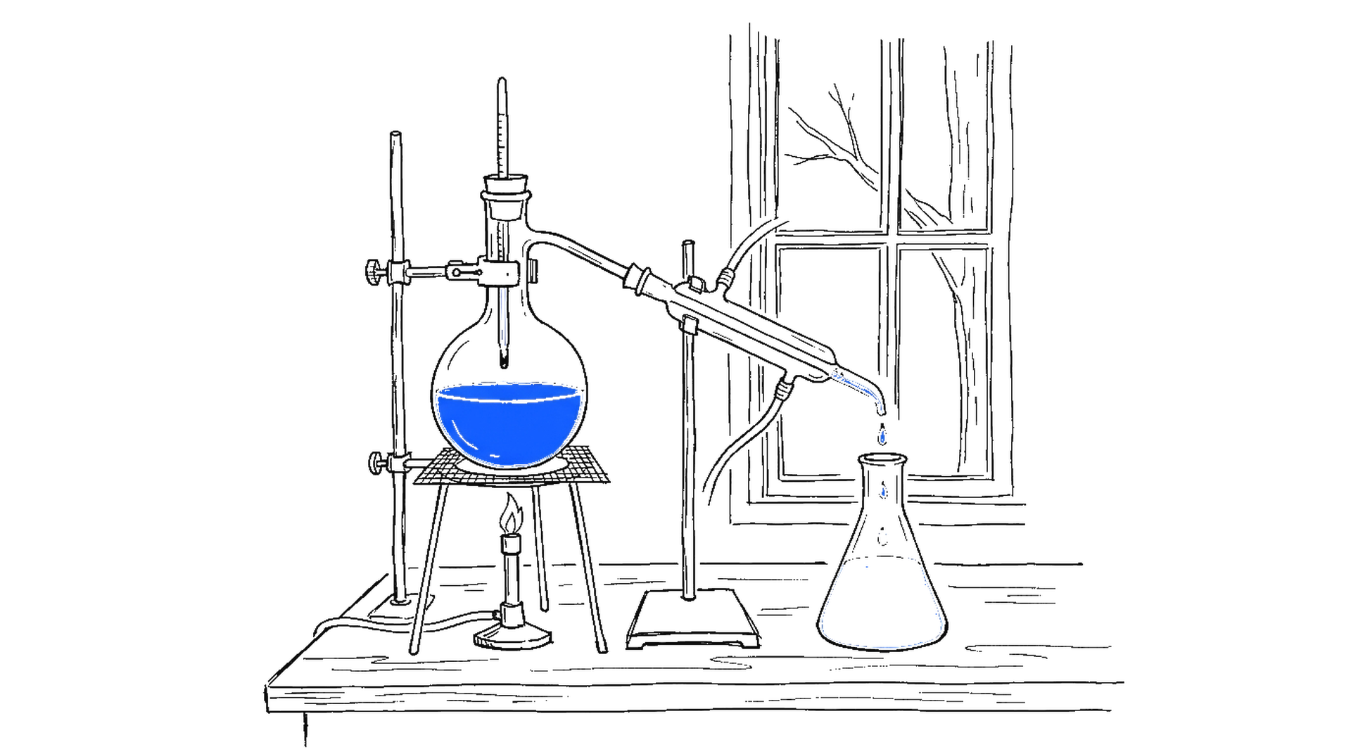 Illustration einer Destillationsapparatur, die leuchtend blaue Flüssigkeit in einen kleinen Kolben tropft, kinewsletter.ch Stil