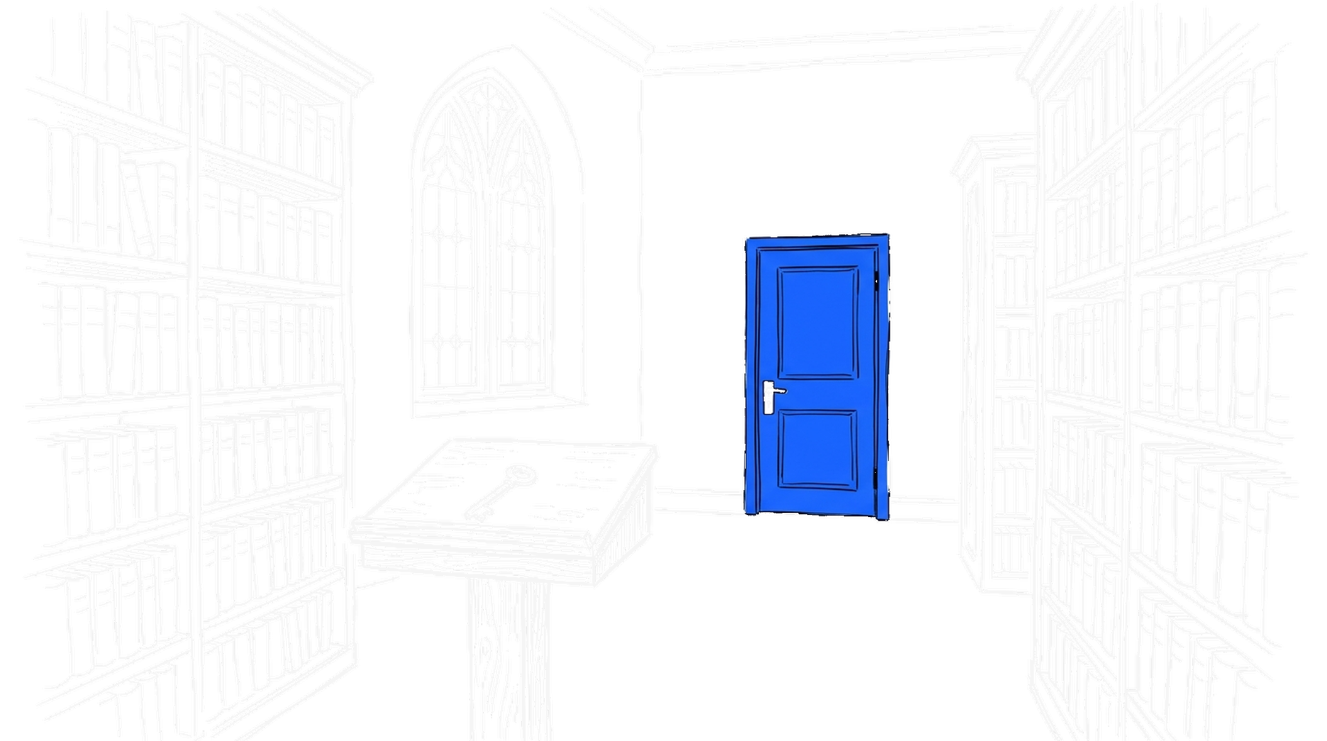 Illustration eines Bibliotheks-Lesesaals mit einer freistehenden elektroblauen Tür und einem Messingschlüssel auf einem Pult, kinewsletter.ch Stil