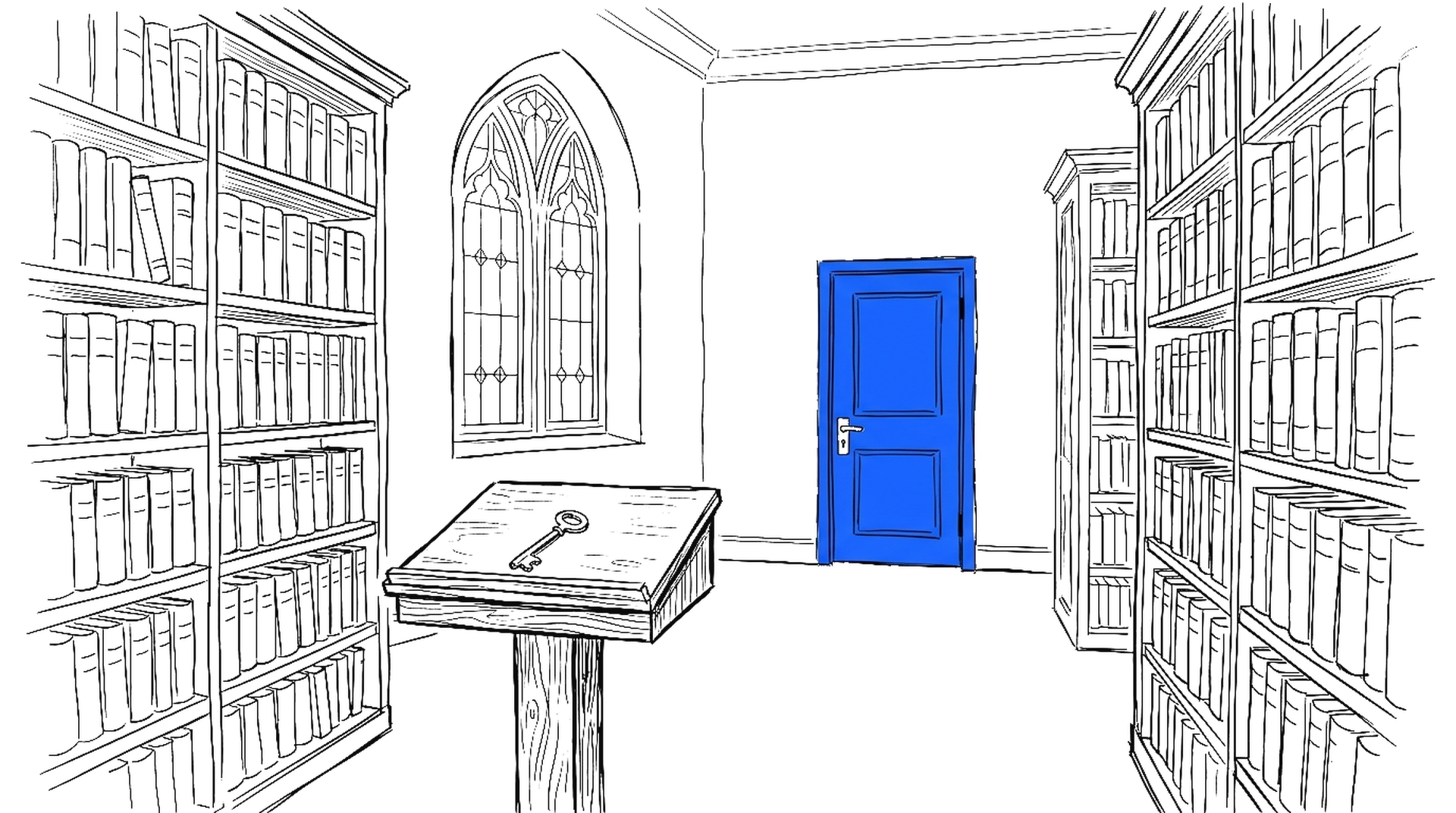Illustration eines Bibliotheks-Lesesaals mit einer freistehenden elektroblauen Tür und einem Messingschlüssel auf einem Pult, kinewsletter.ch Stil