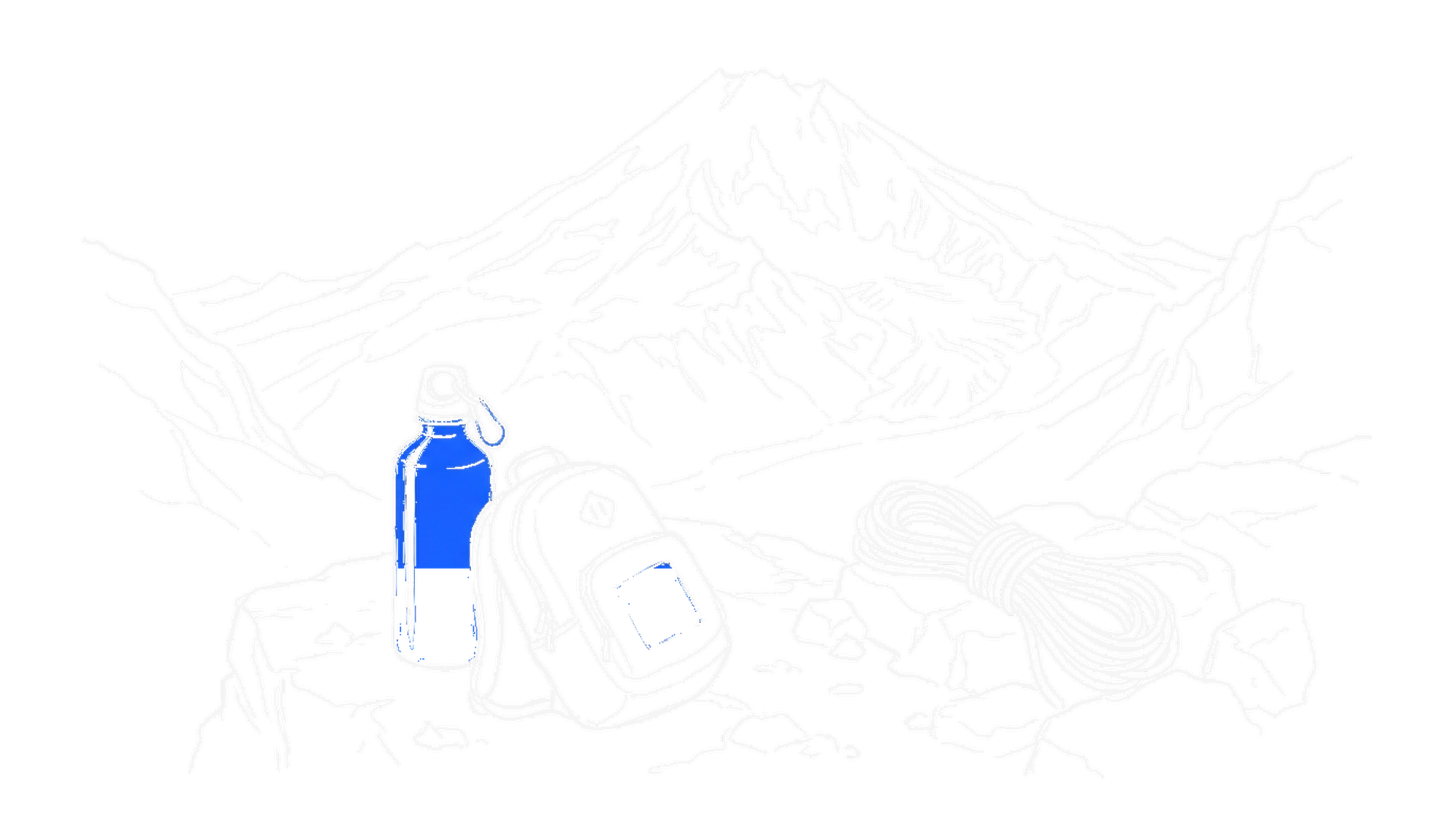 Illustration eines Tagesrucksacks und einer leeren Trinkflasche auf einem Felsvorsprung vor einem schneebedeckten Vulkangipfel, kinewsletter.ch Stil