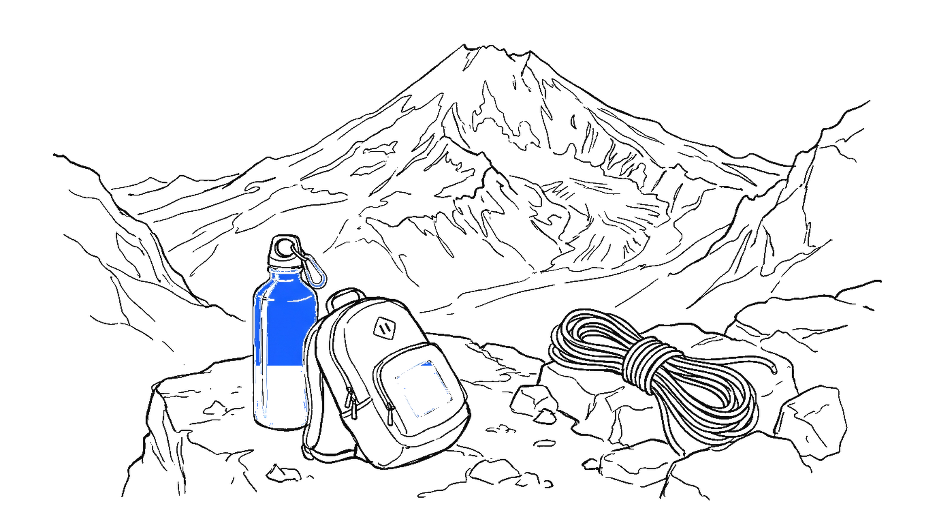 Illustration eines Tagesrucksacks und einer leeren Trinkflasche auf einem Felsvorsprung vor einem schneebedeckten Vulkangipfel, kinewsletter.ch Stil