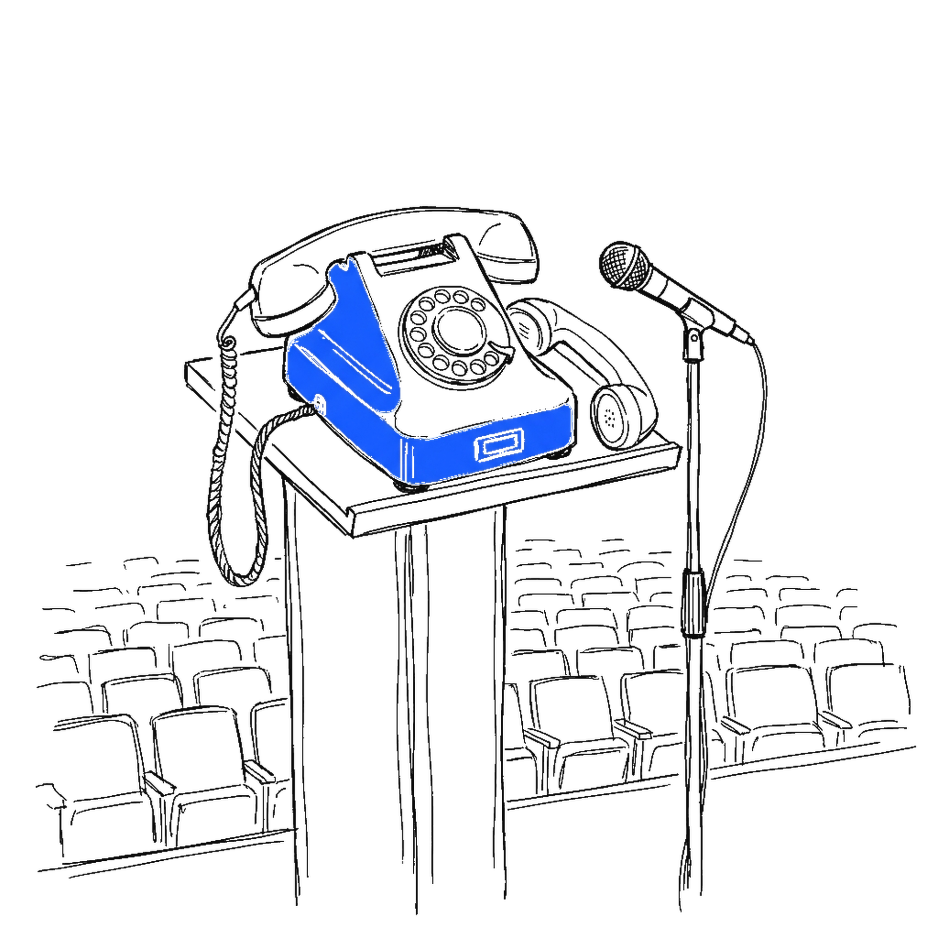 Illustration eines Telefons mit abgehobenem Hörer auf einem Rednerpult vor leeren Sitzreihen, kinewsletter.ch Stil