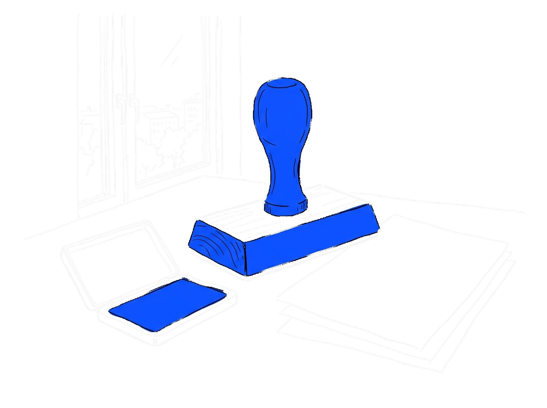 Illustration eines übergrossen Bürostempels mit Stempelkissen, kinewsletter.ch Stil