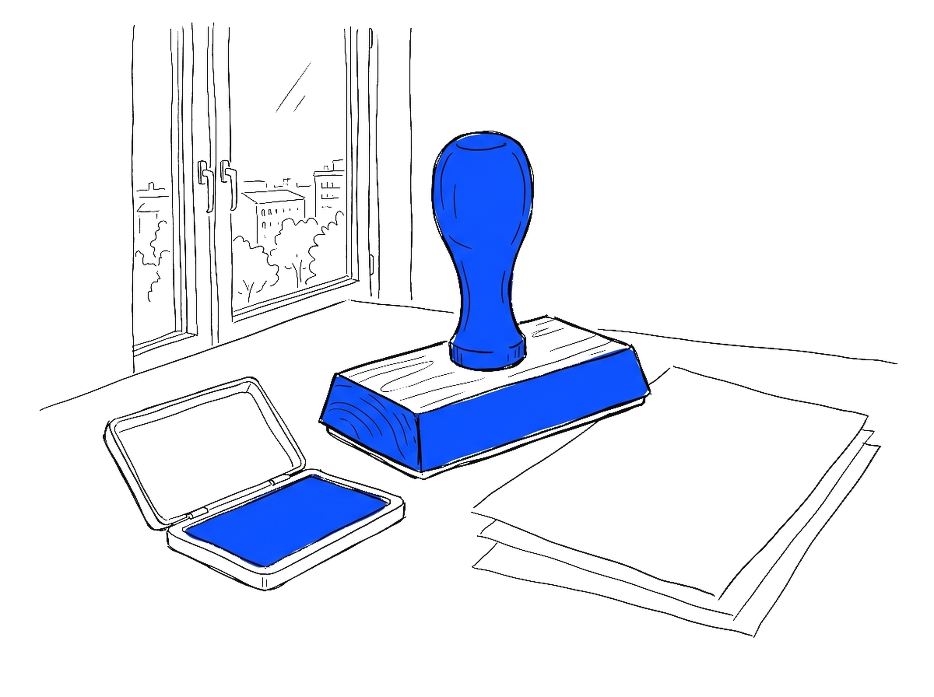 Illustration eines übergrossen Bürostempels mit Stempelkissen, kinewsletter.ch Stil