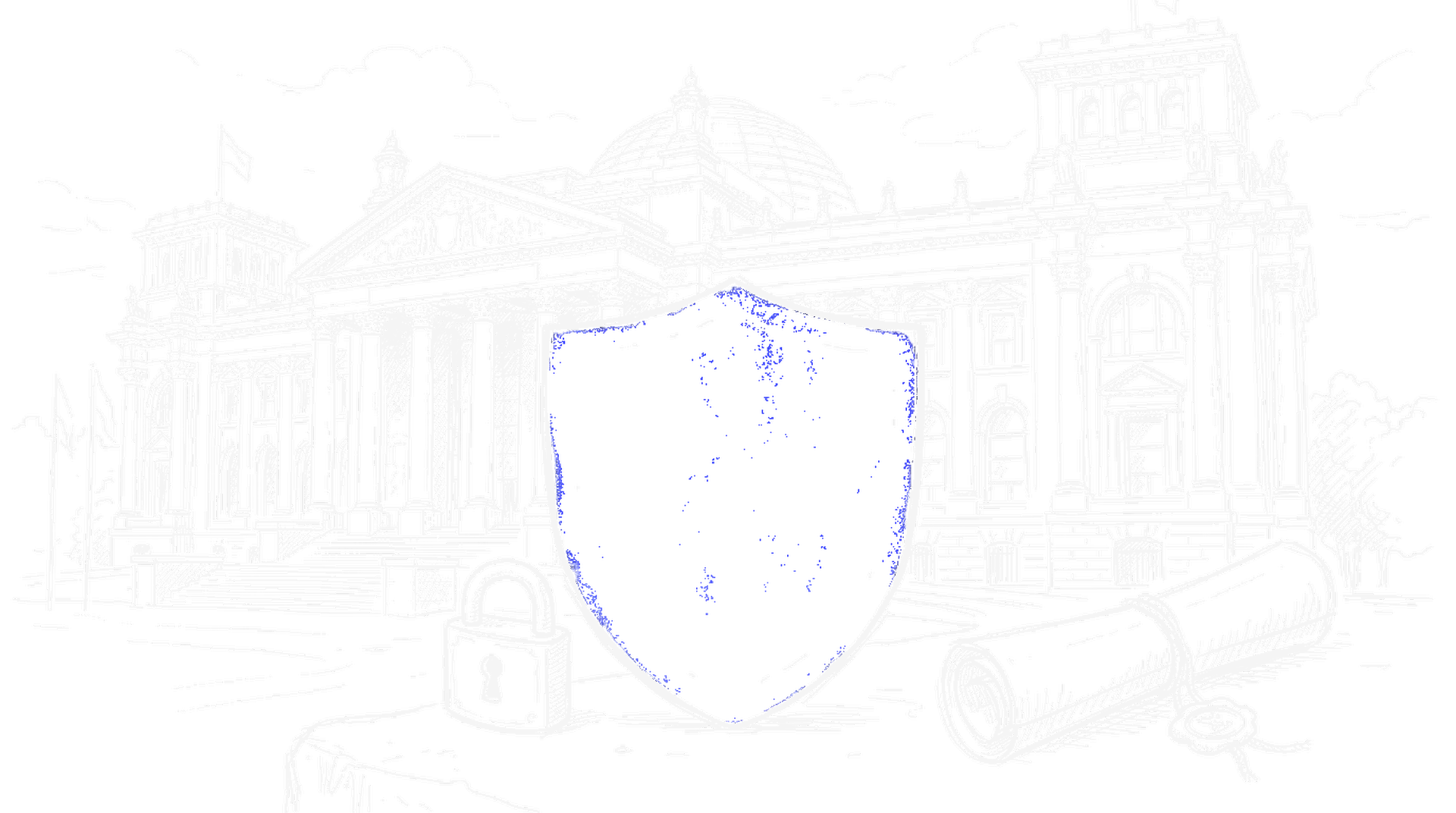 Skizze eines grossen Schutzschilds mit elektroblauem Akzent vor einem klassischen Parlamentsgebäude mit Säulen, einem Vorhängeschloss und einer versiegelten Schriftrolle (Dark)