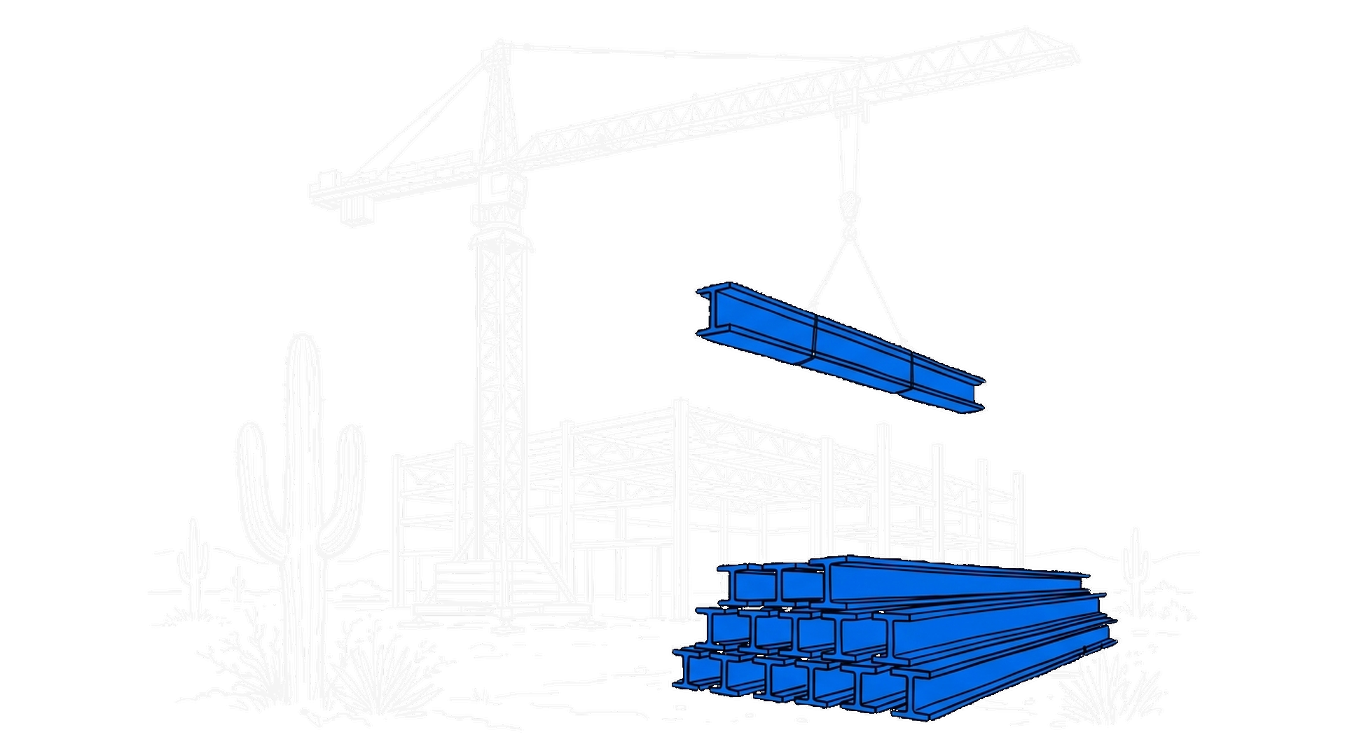 Illustration eines Baukrans, der einen blauen Stahlträger über eine halbfertige Fabrikhalle hebt, daneben ein Saguaro-Kaktus in der Wüste, kinewsletter.ch Stil