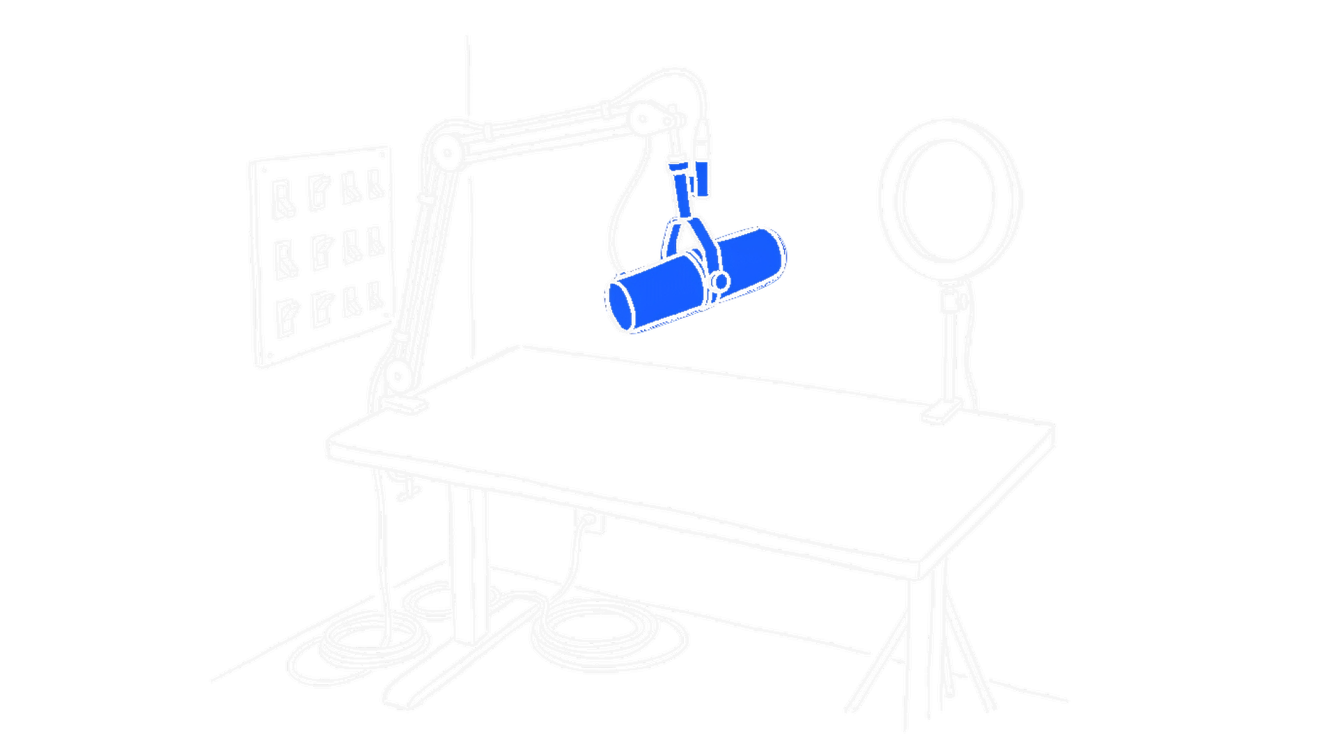 Illustration eines Streaming-Setups mit Mikrofon und Wandpaneel voller Kippschalter, kinewsletter.ch Stil