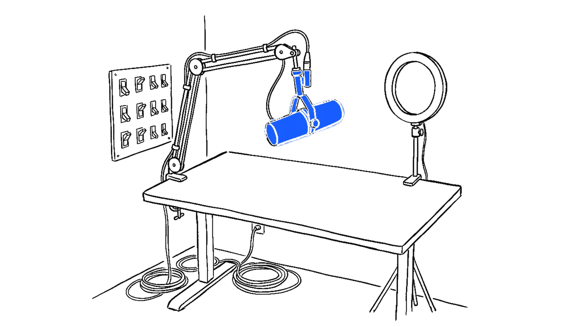Illustration eines Streaming-Setups mit Mikrofon und Wandpaneel voller Kippschalter, kinewsletter.ch Stil