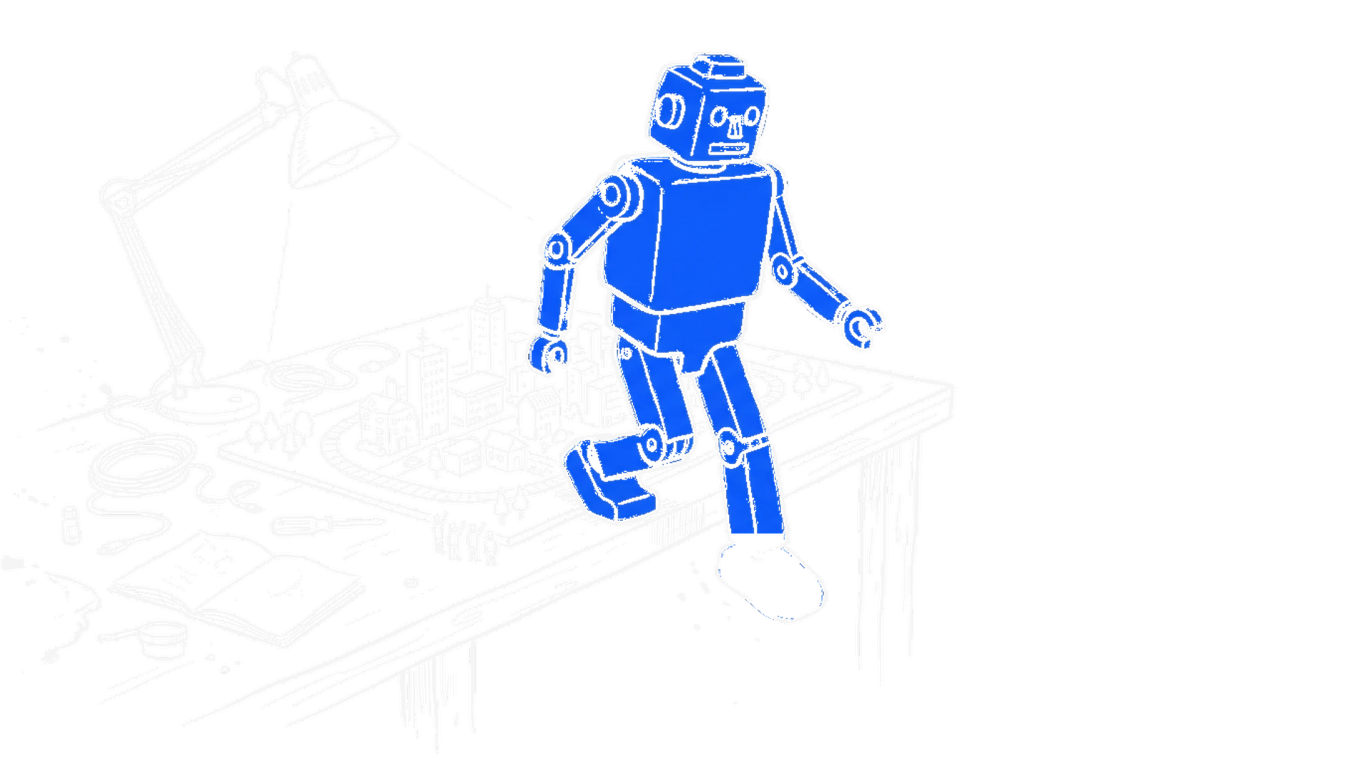 Illustration eines elektroblauen Roboters, der von einem Werktisch mit Modellstadt heruntersteigt, kinewsletter.ch Stil