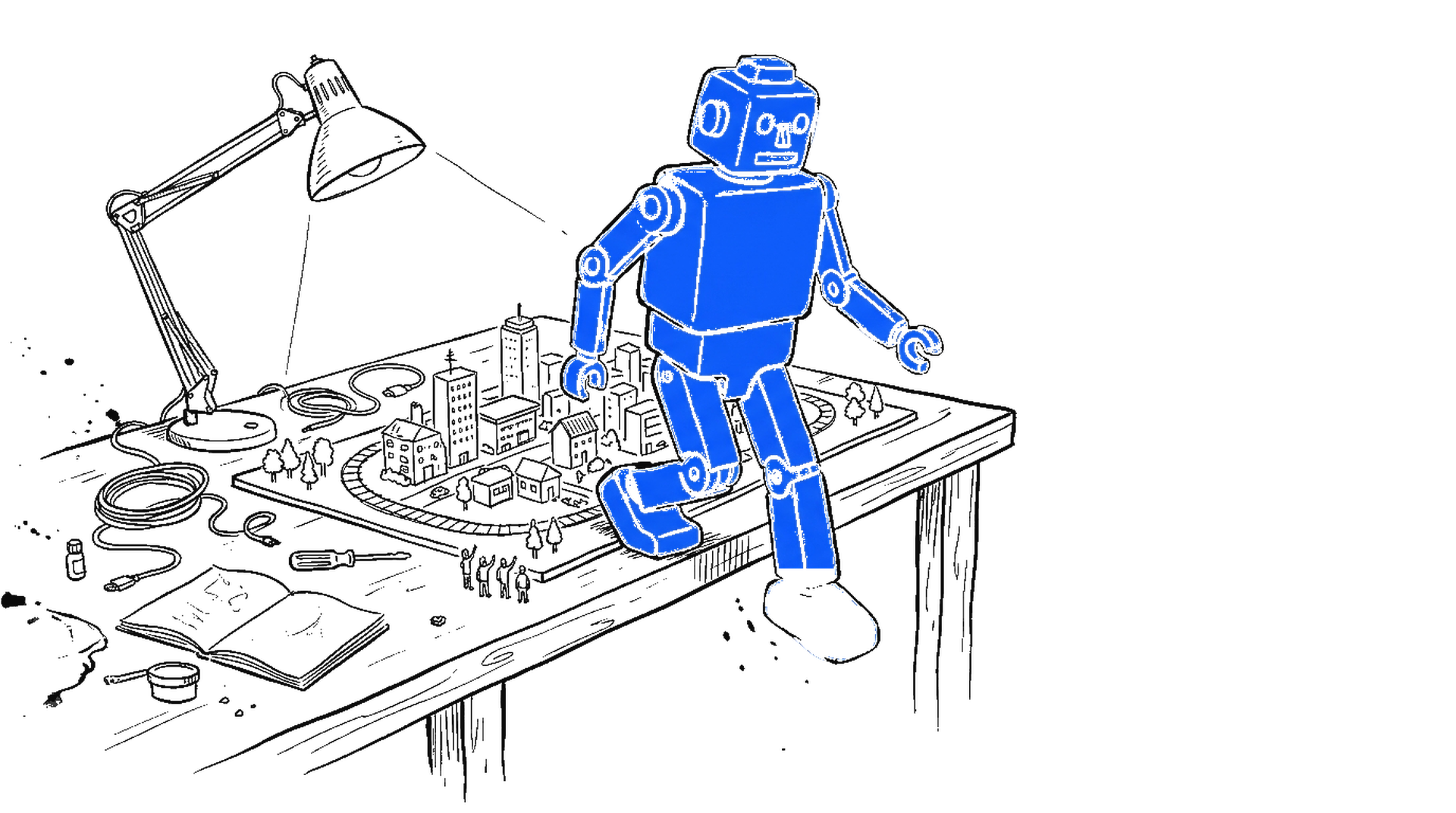 Illustration eines elektroblauen Roboters, der von einem Werktisch mit Modellstadt heruntersteigt, kinewsletter.ch Stil