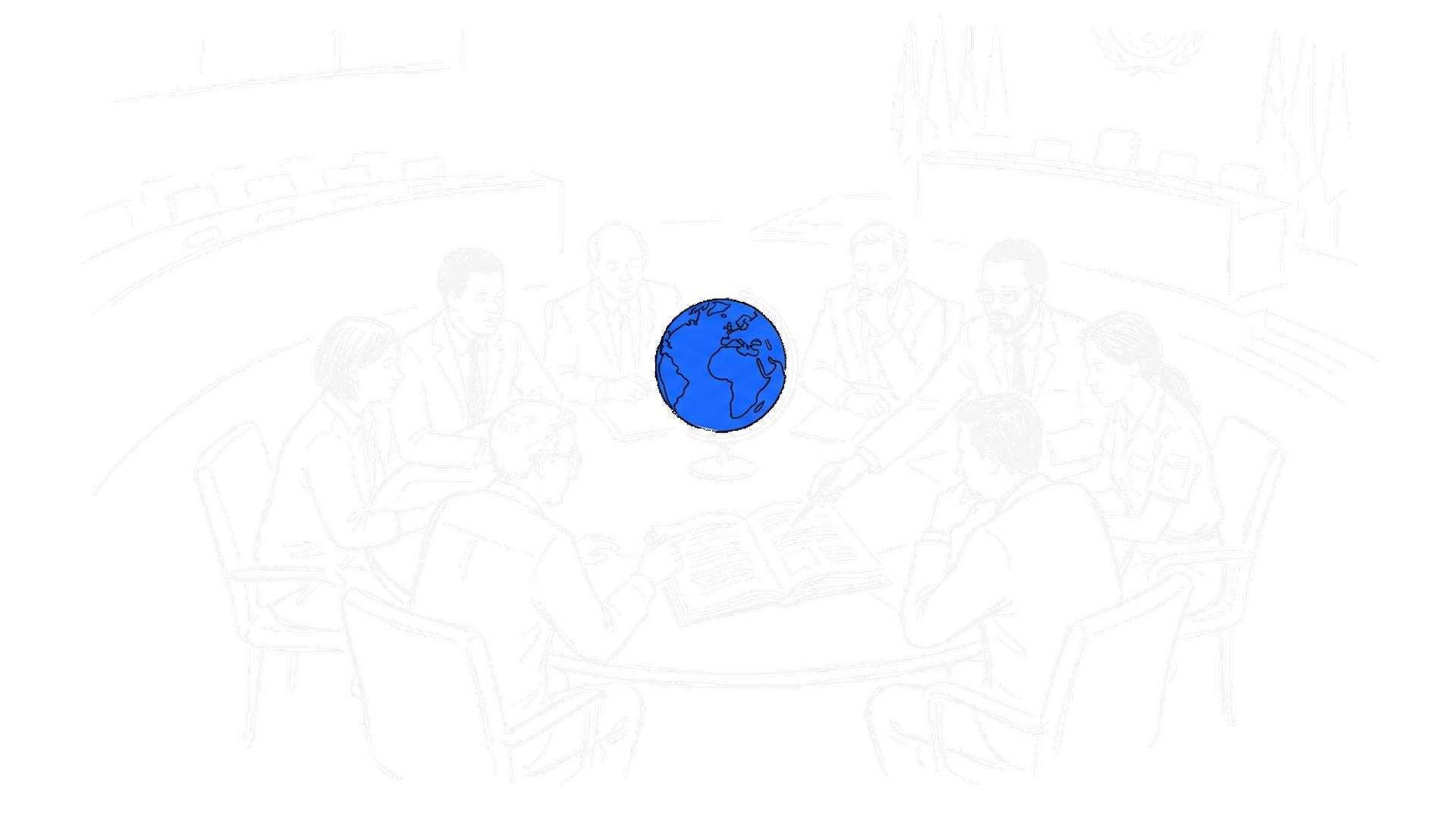 Illustration Dark: Diplomaten und Wissenschaftler an einem runden UNO-Tisch mit Globus – kinewsletter.ch Stil