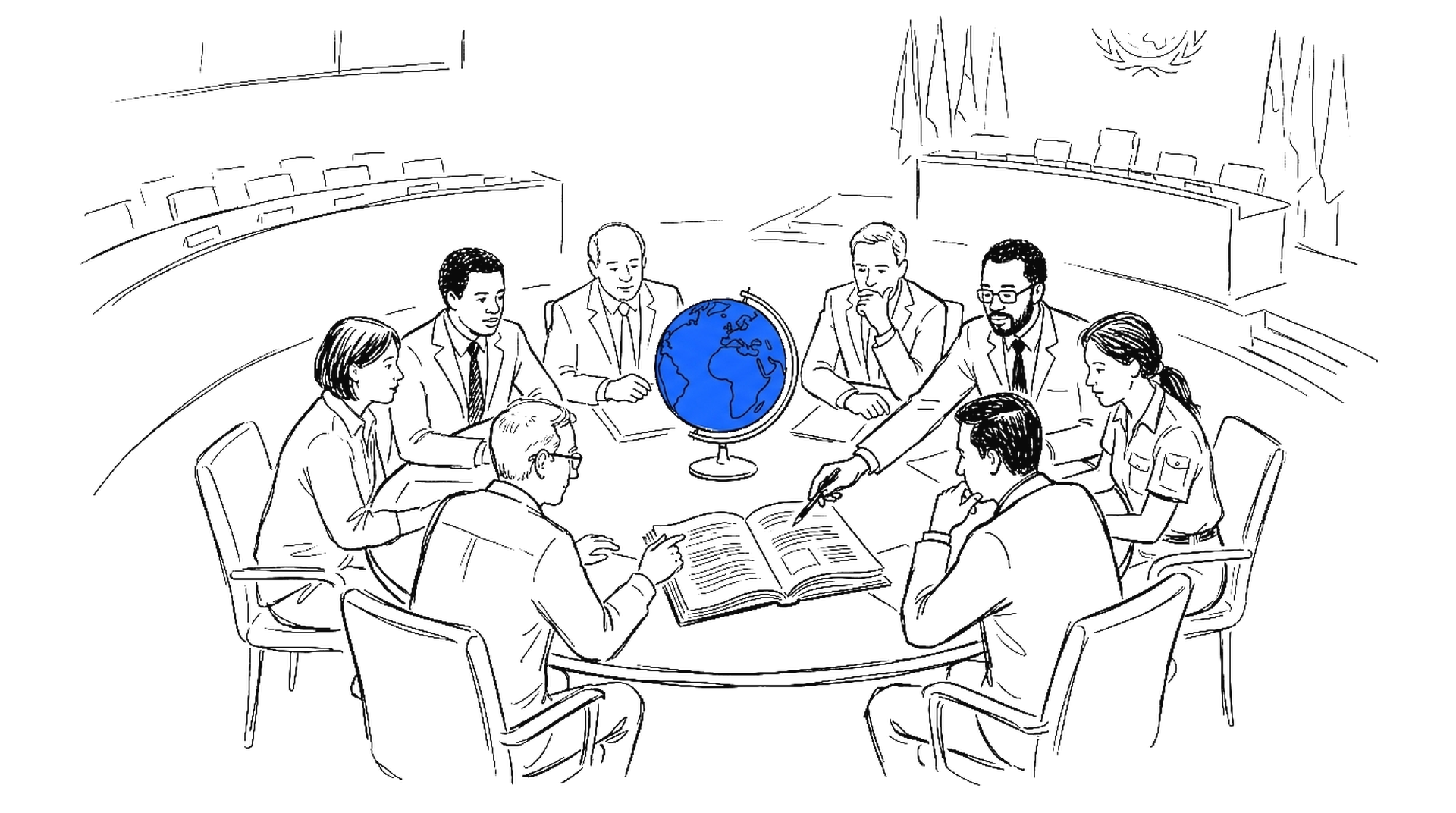 Illustration: Diplomaten und Wissenschaftler an einem runden UNO-Tisch mit einem Globus und einem aufgeschlagenen Bericht – kinewsletter.ch Stil
