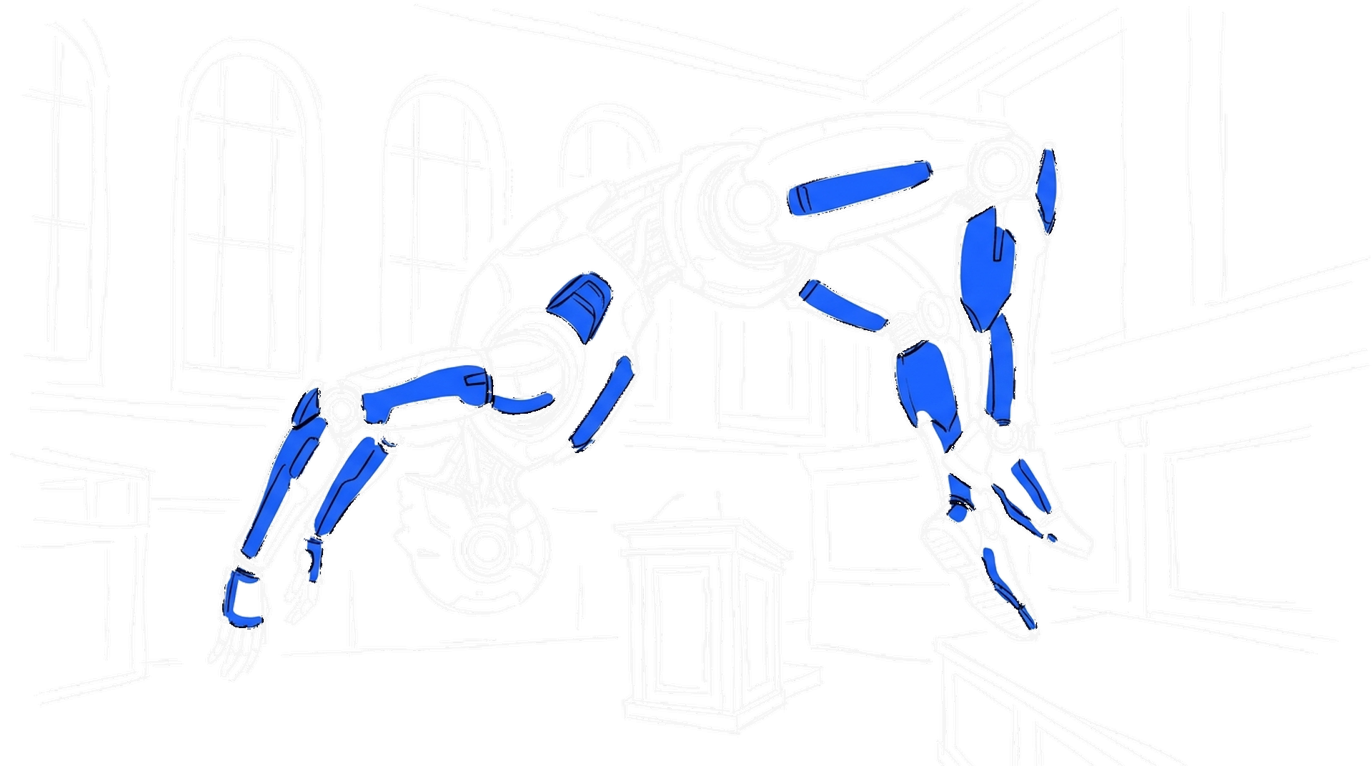 Illustration eines humanoiden Roboters im Rückwärtssalto in einer leeren Börsenhalle, kinewsletter.ch Stil
