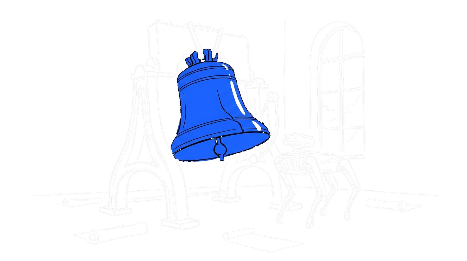 Illustration einer grossen elektroblauen Eröffnungsglocke auf einem Börsenparkett neben einem vierbeinigen Roboter und aufgerollten Prospekten, kinewsletter.ch Stil