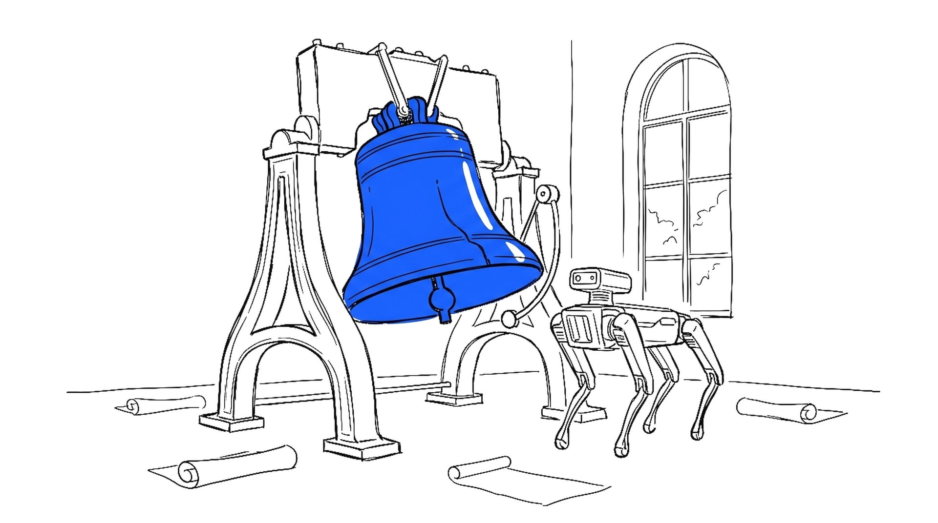 Illustration einer grossen elektroblauen Eröffnungsglocke auf einem Börsenparkett neben einem vierbeinigen Roboter und aufgerollten Prospekten, kinewsletter.ch Stil
