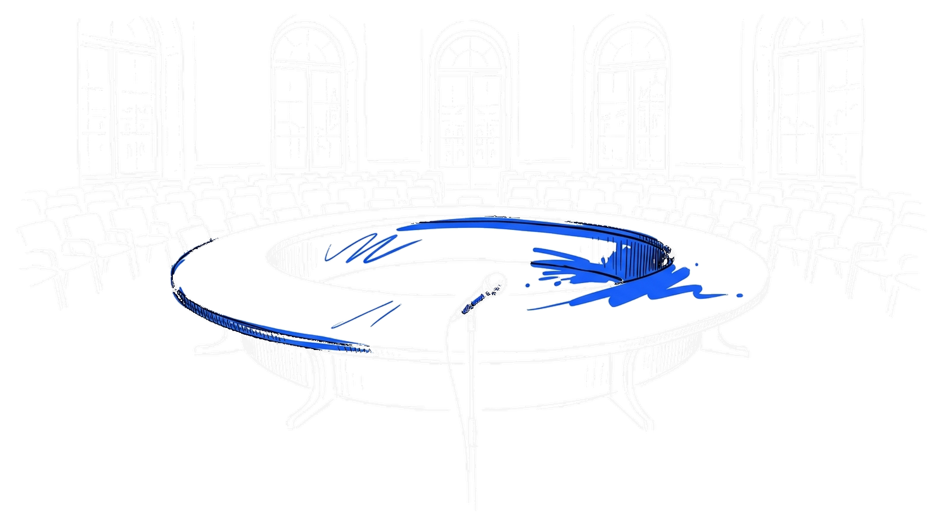 Illustration eines grossen runden Konferenztisches in einem Saal mit leeren Delegiertenstühlen (Dark Mode), kinewsletter.ch Stil