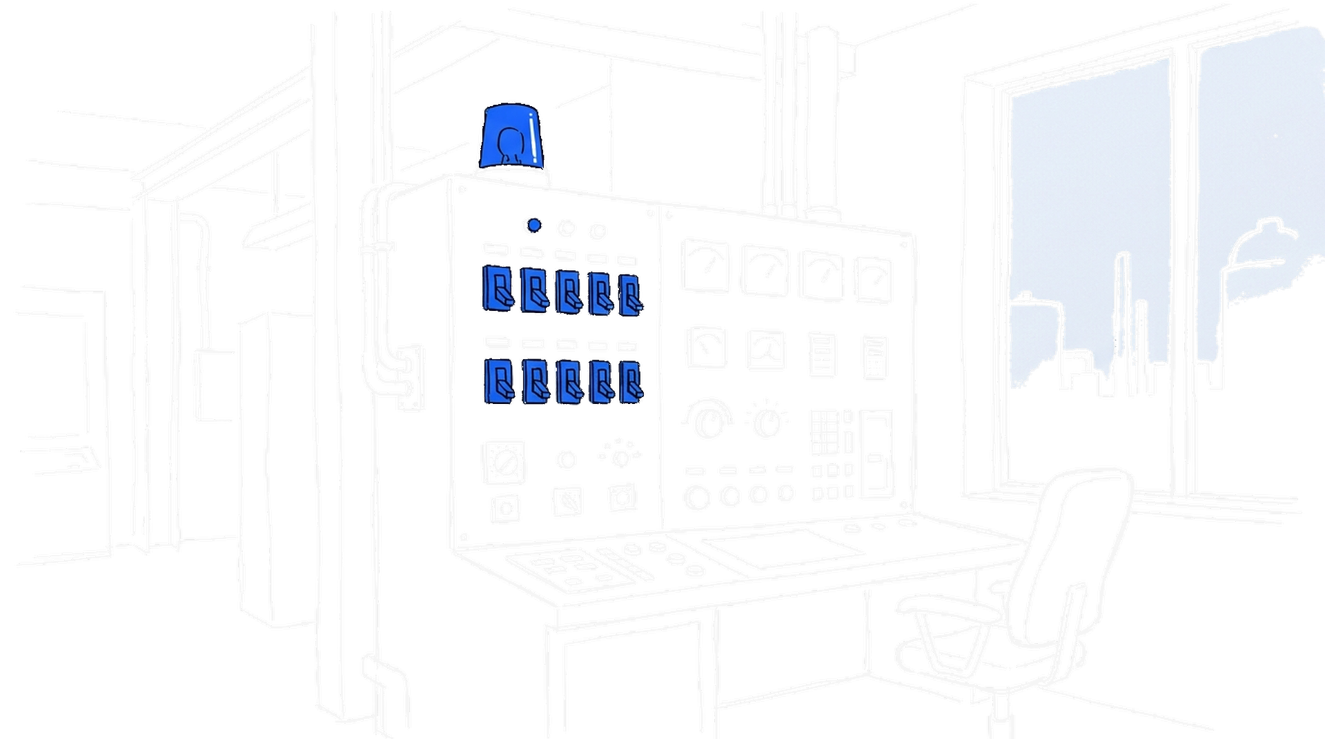 Illustration eines industriellen Schaltraums mit blau leuchtender Warnlampe und Reihen von Kippschaltern, kinewsletter.ch Stil (Dark Mode)