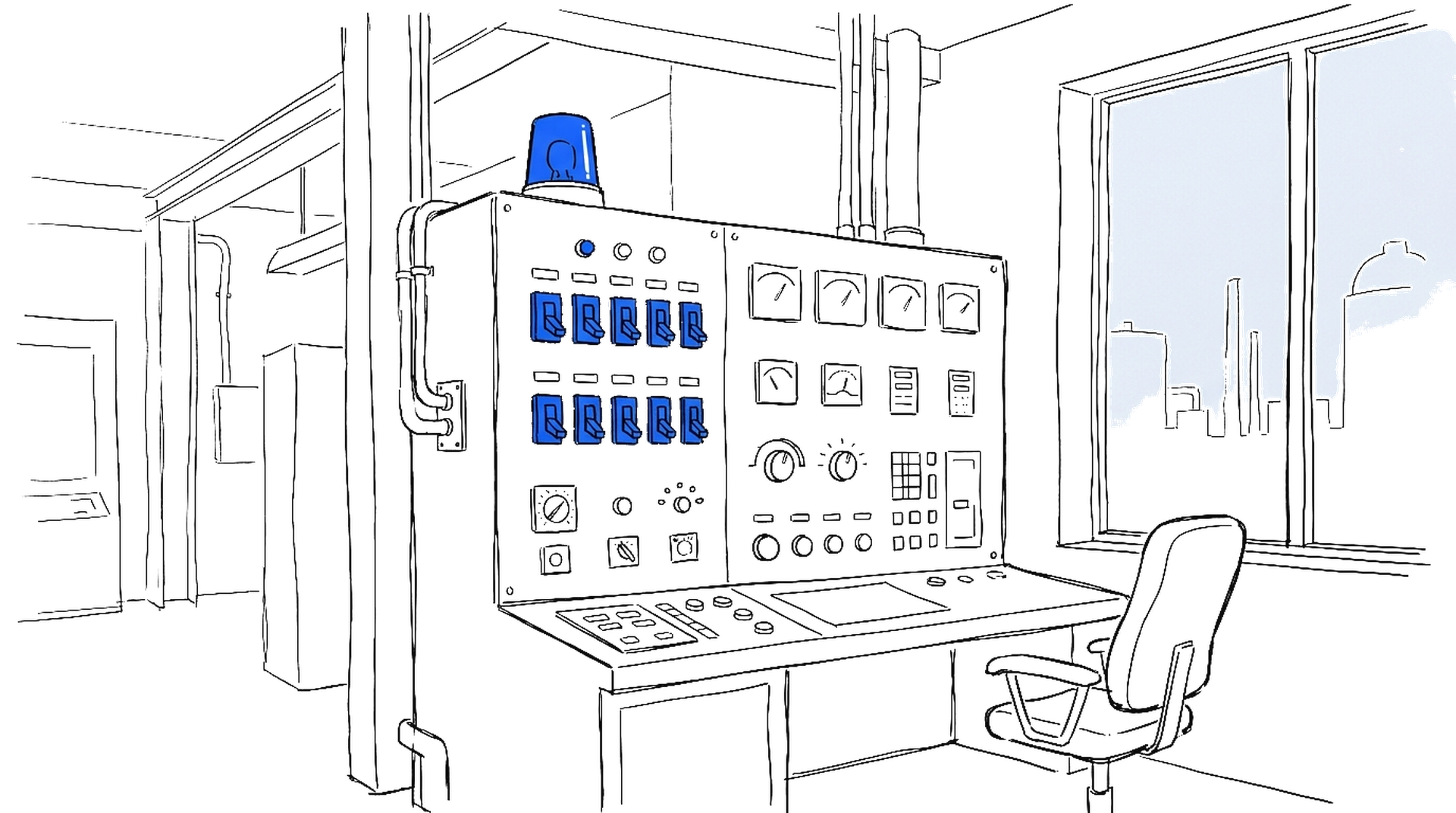 Illustration eines industriellen Schaltraums mit blau leuchtender Warnlampe und Reihen von Kippschaltern, kinewsletter.ch Stil