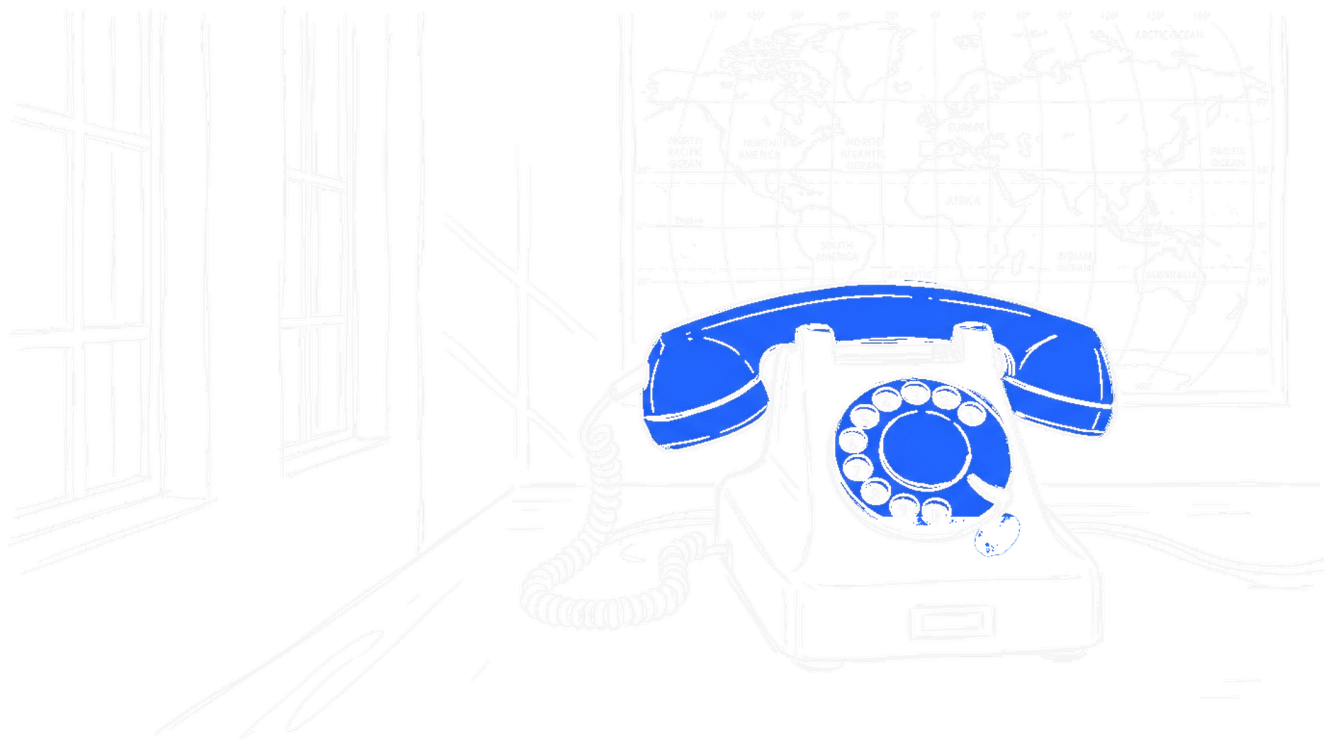 Tuschezeichnung eines grossen Wählscheibentelefons mit elektroblauem Hörer und blauer Wählscheibe auf einem Tisch, dahinter eine grosse Weltkarte an der Wand und hohe Fenster. (Dark Mode)