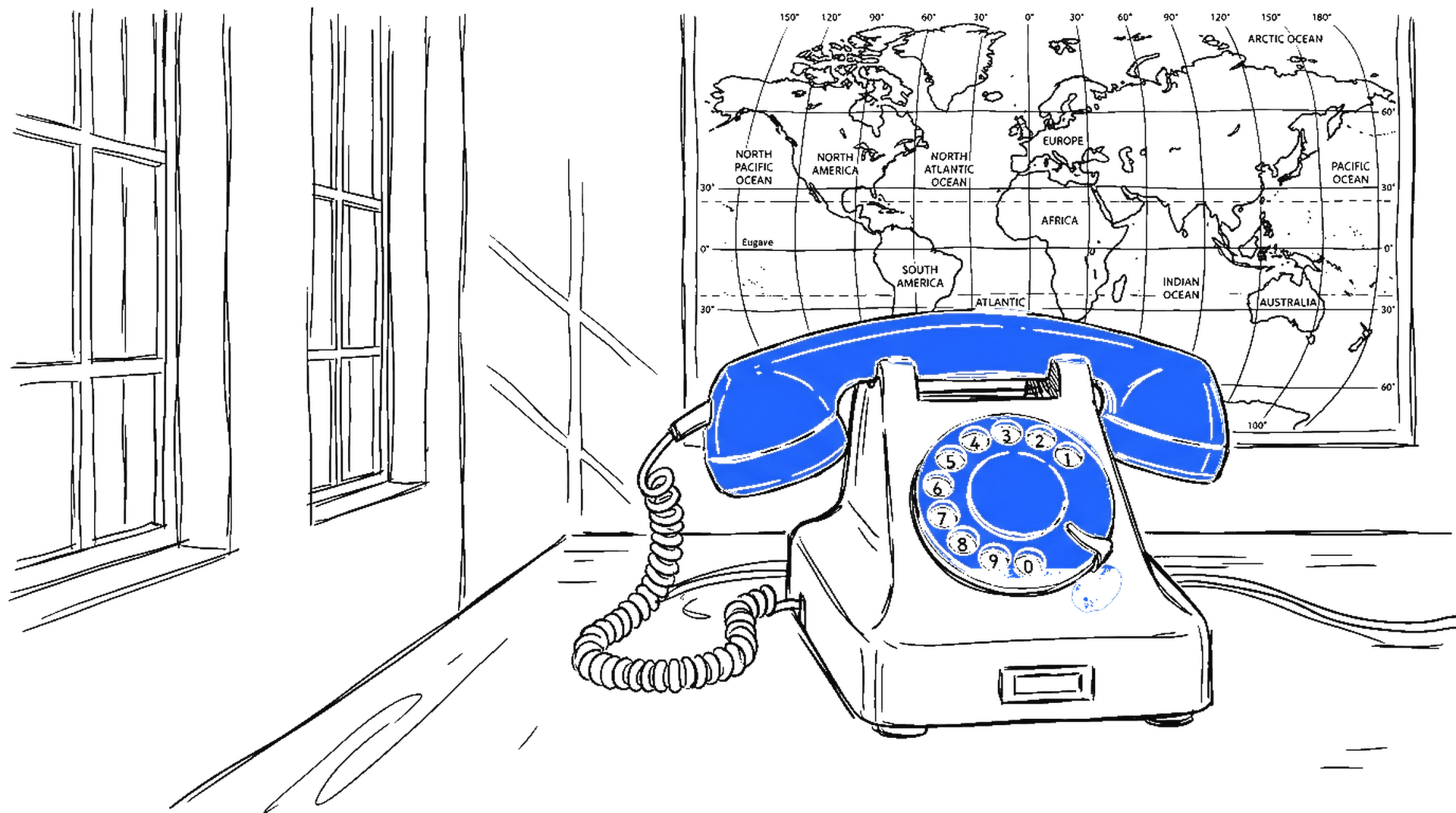 Tuschezeichnung eines grossen Wählscheibentelefons mit elektroblauem Hörer und blauer Wählscheibe auf einem Tisch, dahinter eine grosse Weltkarte an der Wand und hohe Fenster.