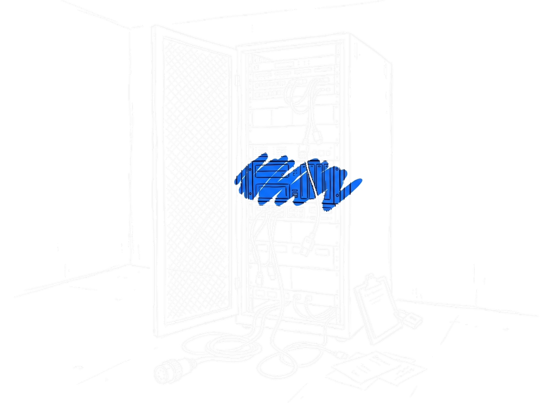 Skizze eines geöffneten Serverschranks in einem Behördenraum, aus dem Netzwerkkabel abgezogen herunterhängen; daneben liegen ein Stecker und ein Vorhängeschloss auf einem Klemmbrett.