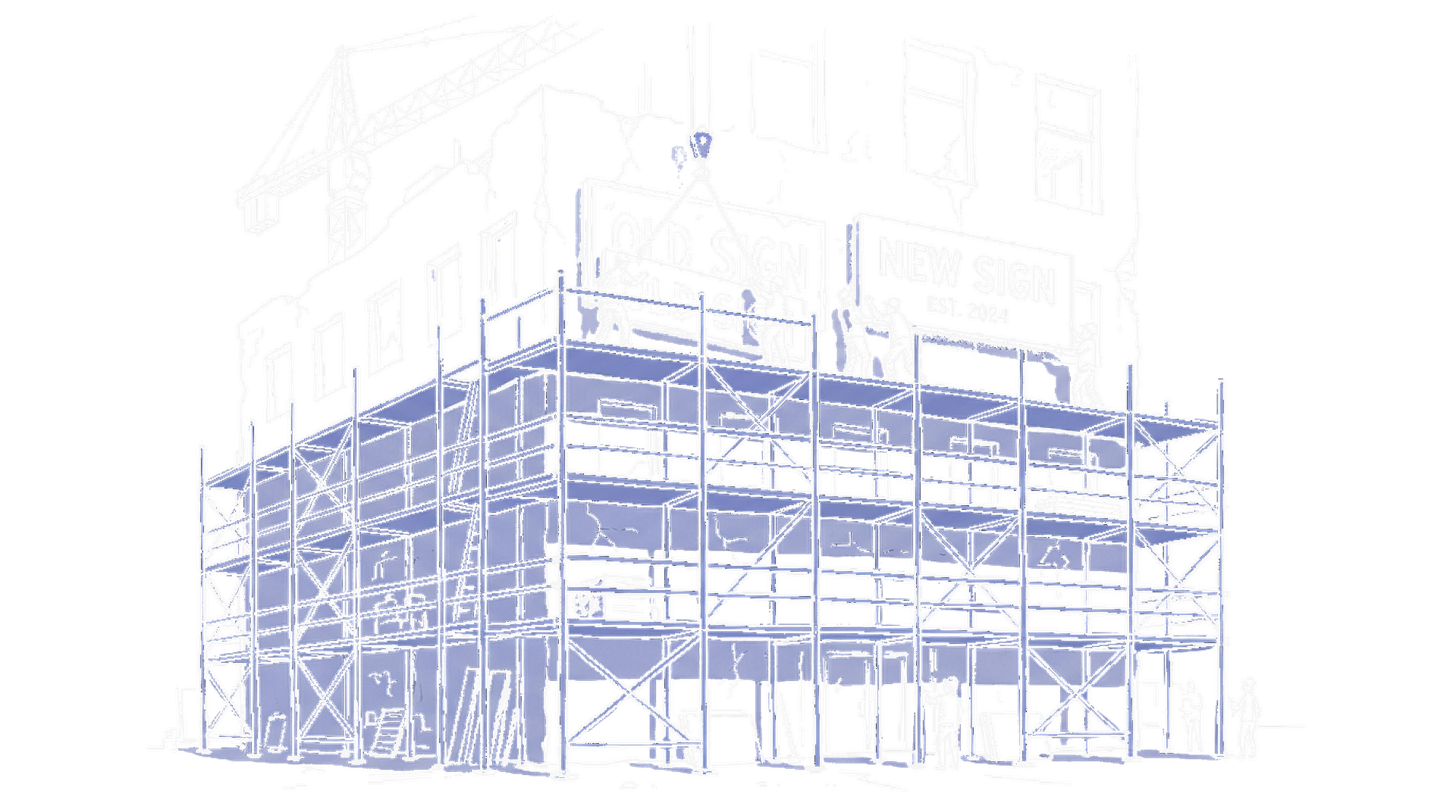 Illustration eines Baugerüsts an einem Gebäude, kinewsletter.ch Stil (Dark)