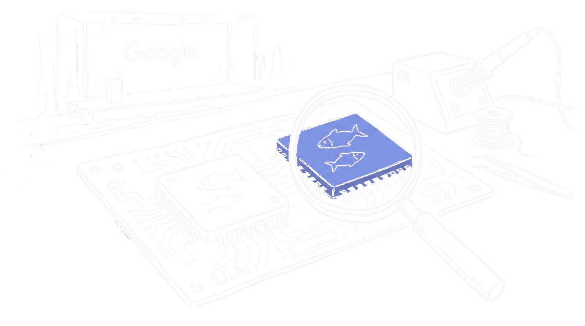 Handgezeichnete Skizze von Computerchips auf einer Platine mit Fisch-Gravuren und Konferenzbühne