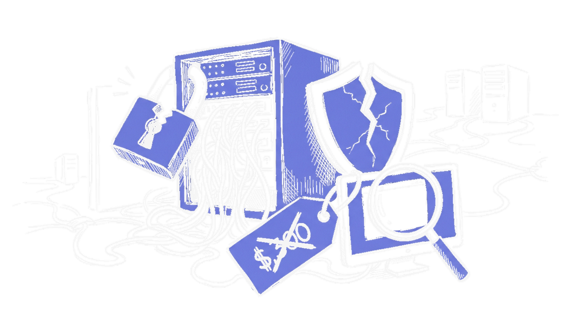 Handgezeichnete Skizze eines gebrochenen Vorhängeschlosses auf einem Serverrack