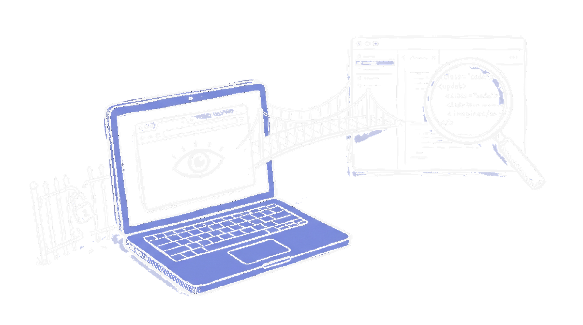 Handgezeichnete Skizze eines Laptops mit Auge-Symbol im Browser und offener Brücke zum Desktop