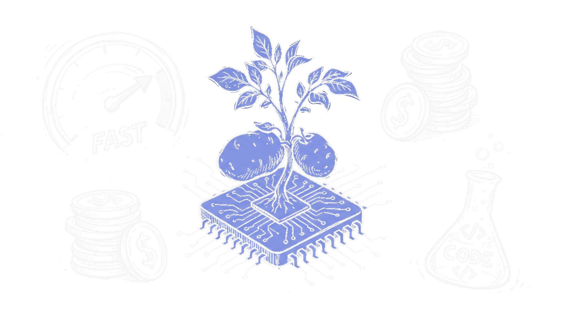 Handgezeichnete Skizze einer Kartoffelpflanze die aus einem Computerchip wächst mit Tachometer