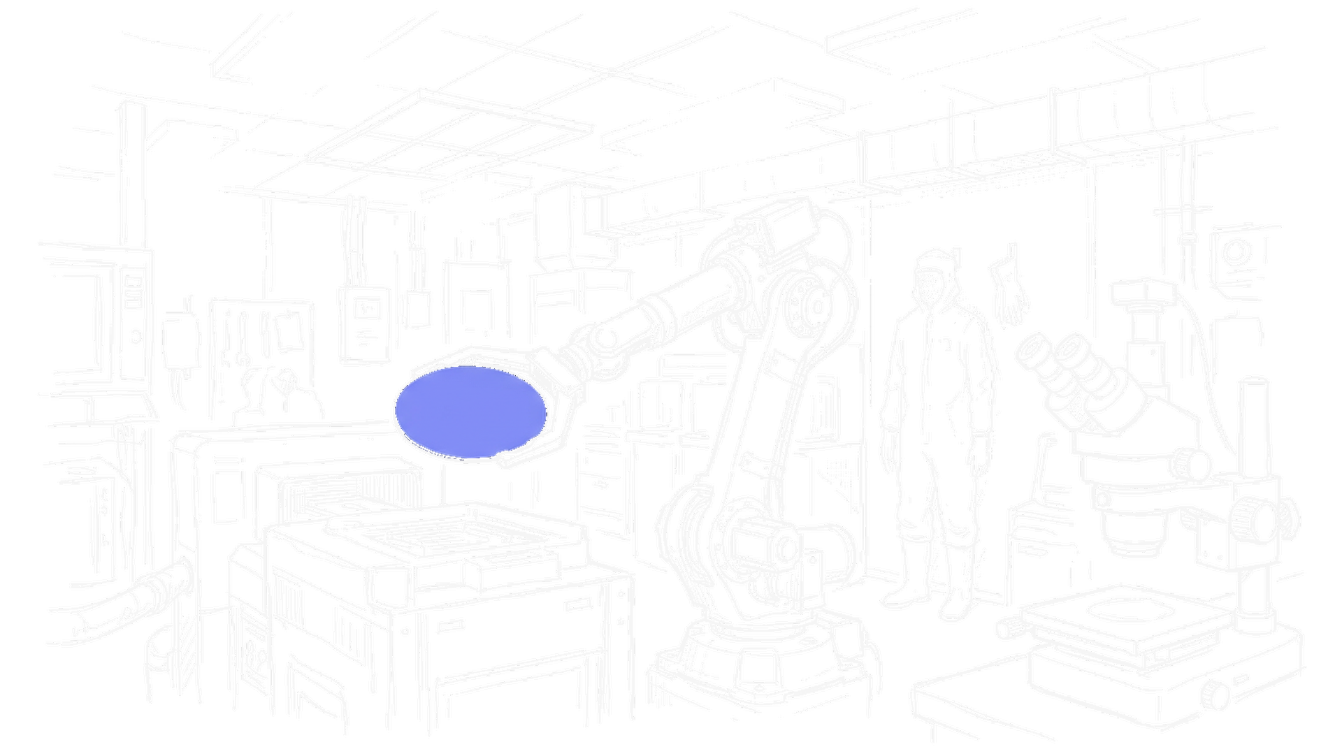 Illustration eines Halbleiter-Reinraums mit Roboterarm, kinewsletter.ch Stil (Dark)