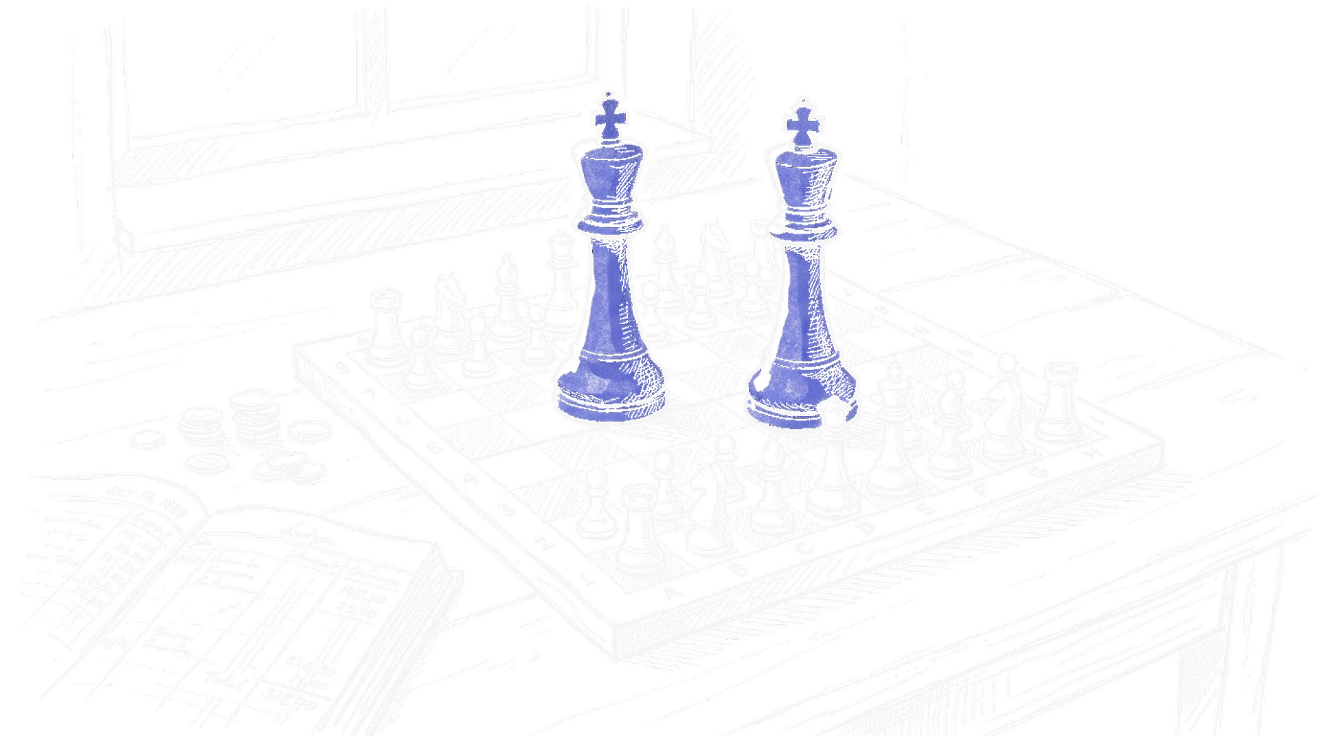 Illustration mit zwei blauen Königen auf Schachbrett und Goldmünzen, kinewsletter.ch Stil (Dark)
